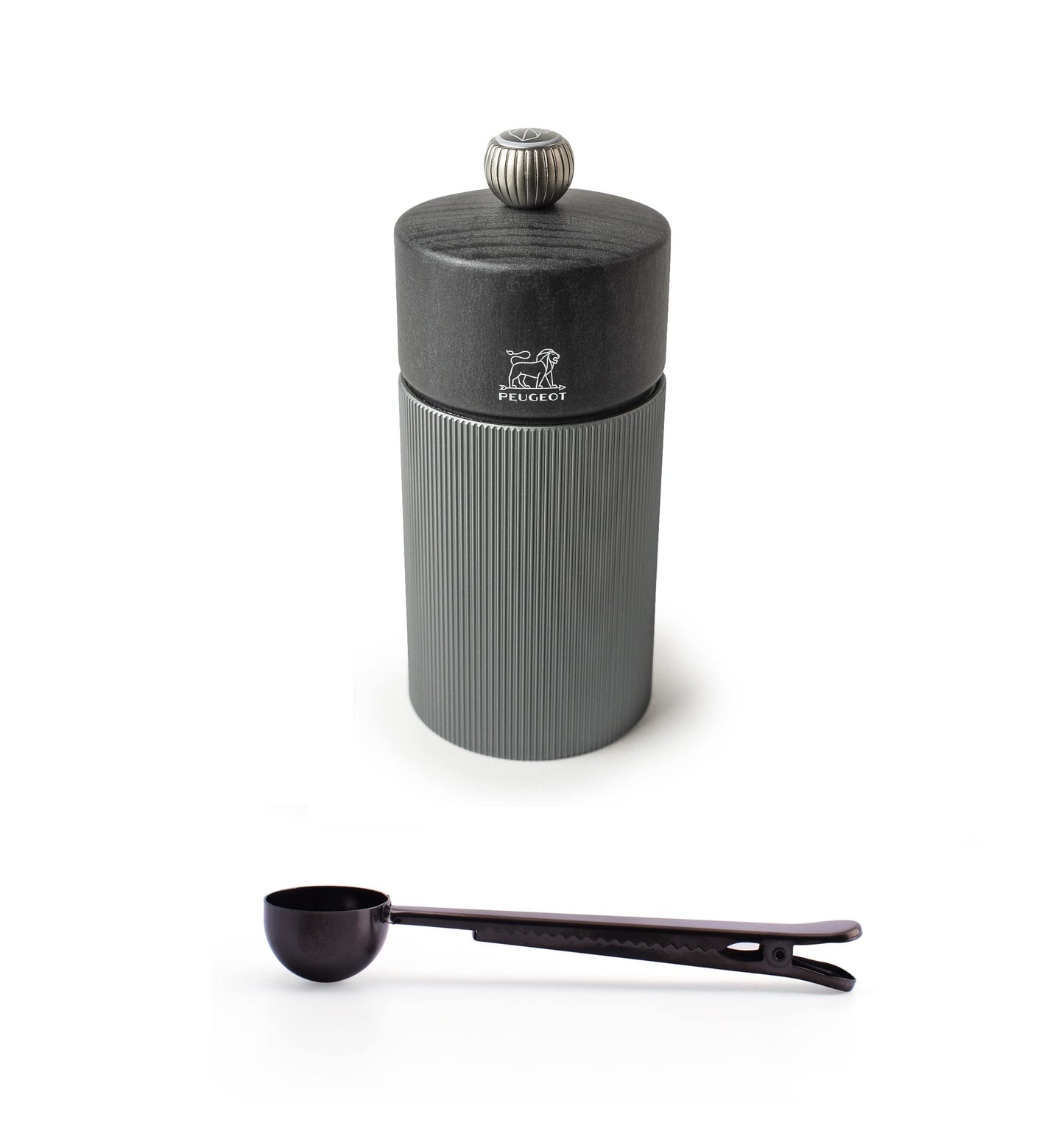 Peugeot Line Manual Salt Mill Carbon Graphite Aluminum, 12 cm - 4.75" With Stainless Steel Spice Scoop/Bag Clip (Salt Mill w/Scoop)
