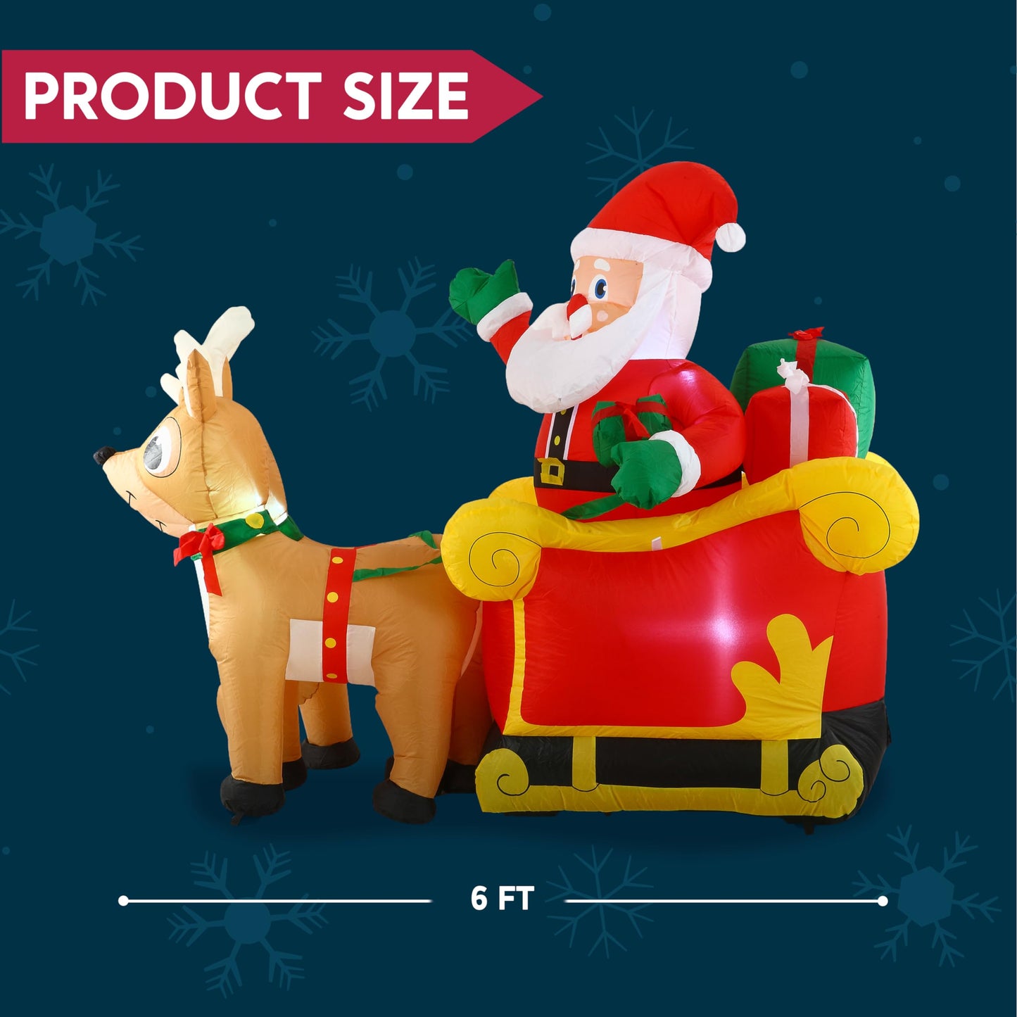 Joiedomi 6 FT Long Christmas Inflatable Santa on Sleigh with 2 Reindeer, Inflatable Christmas Yard Decorations with Build-in LED, Blow Up Xmas Decorations Outdoor for Party Yard Garden Lawn Décor