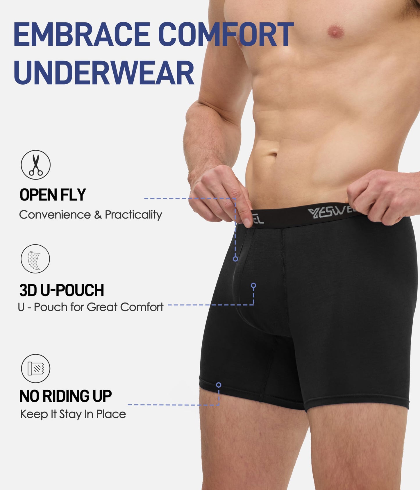YESWEL Mens Boxers L, Longer Leg Bamboo Boxer Shorts with Fly, Anti - Chafing Underwear Trunks, No Itchy Labels Underpants Pack of 3 Black
