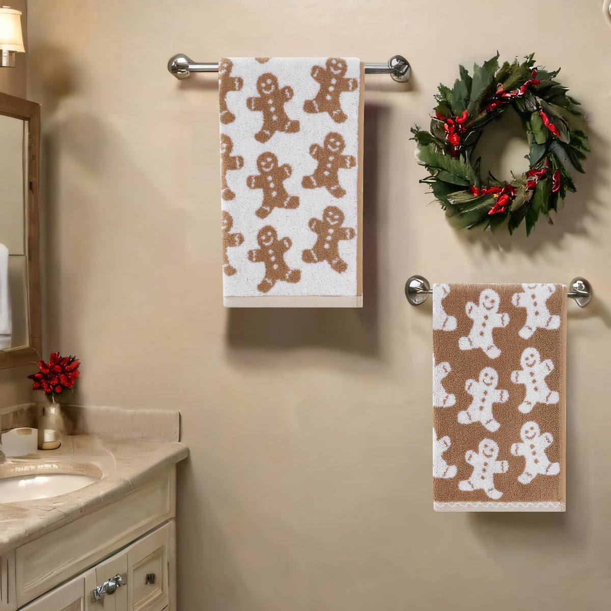 Shemilly 2pcs Christmas Hand Towels Brown Xmas Gingerbread Jacquard Hand Towel for Bath 100% Cotton Thick Soft Bathroom Kitchen Decorative Set for Christmas Winter Holiday Decor Gift,18 x 28 Inch