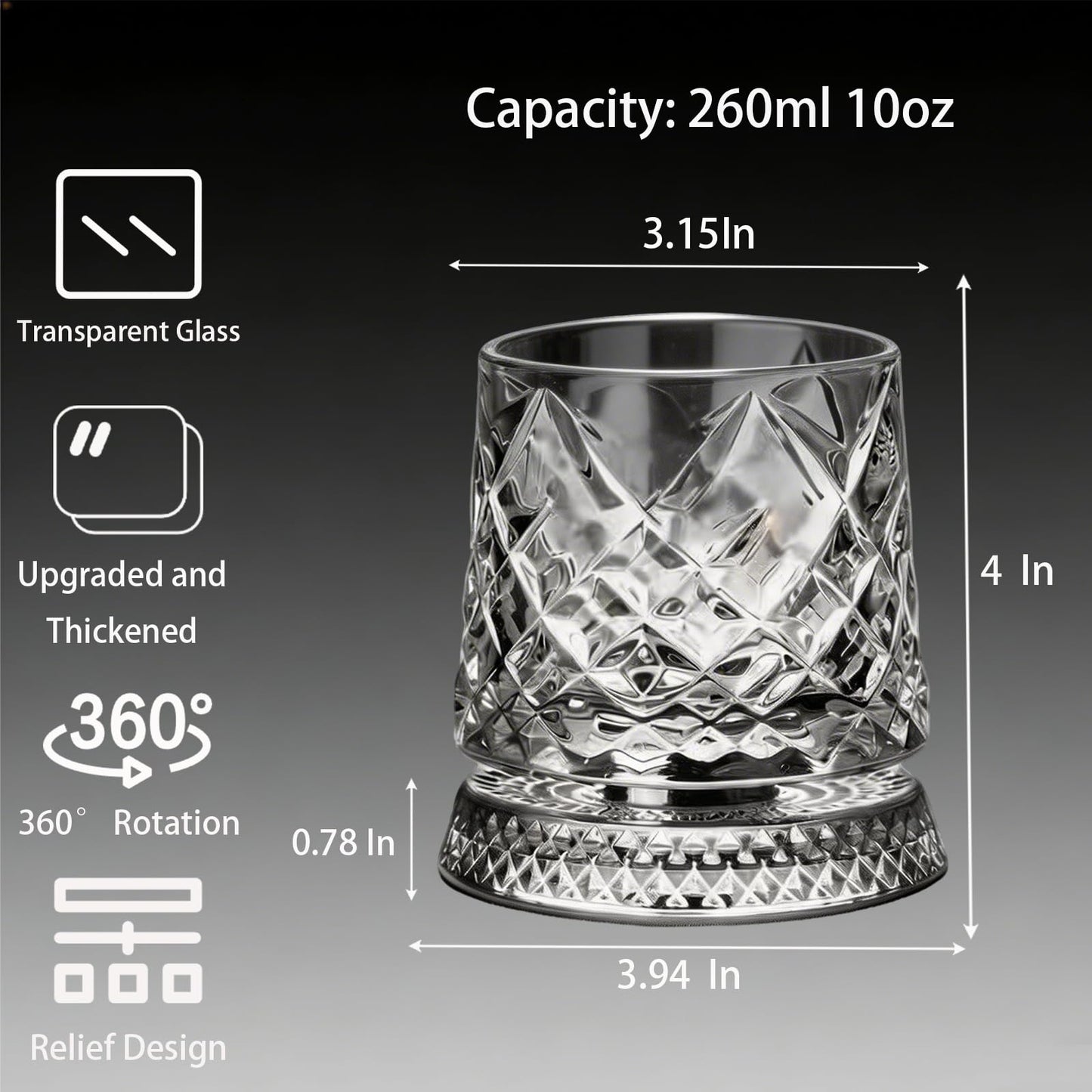 Spinning Whiskey Glass,Set of 2 – 360° Rotating Crystal Whiskey Tumblers with Heavy Base,Lead-Free Premium Glass for Bourbon & Scotch,Unique Gift for Men(A)
