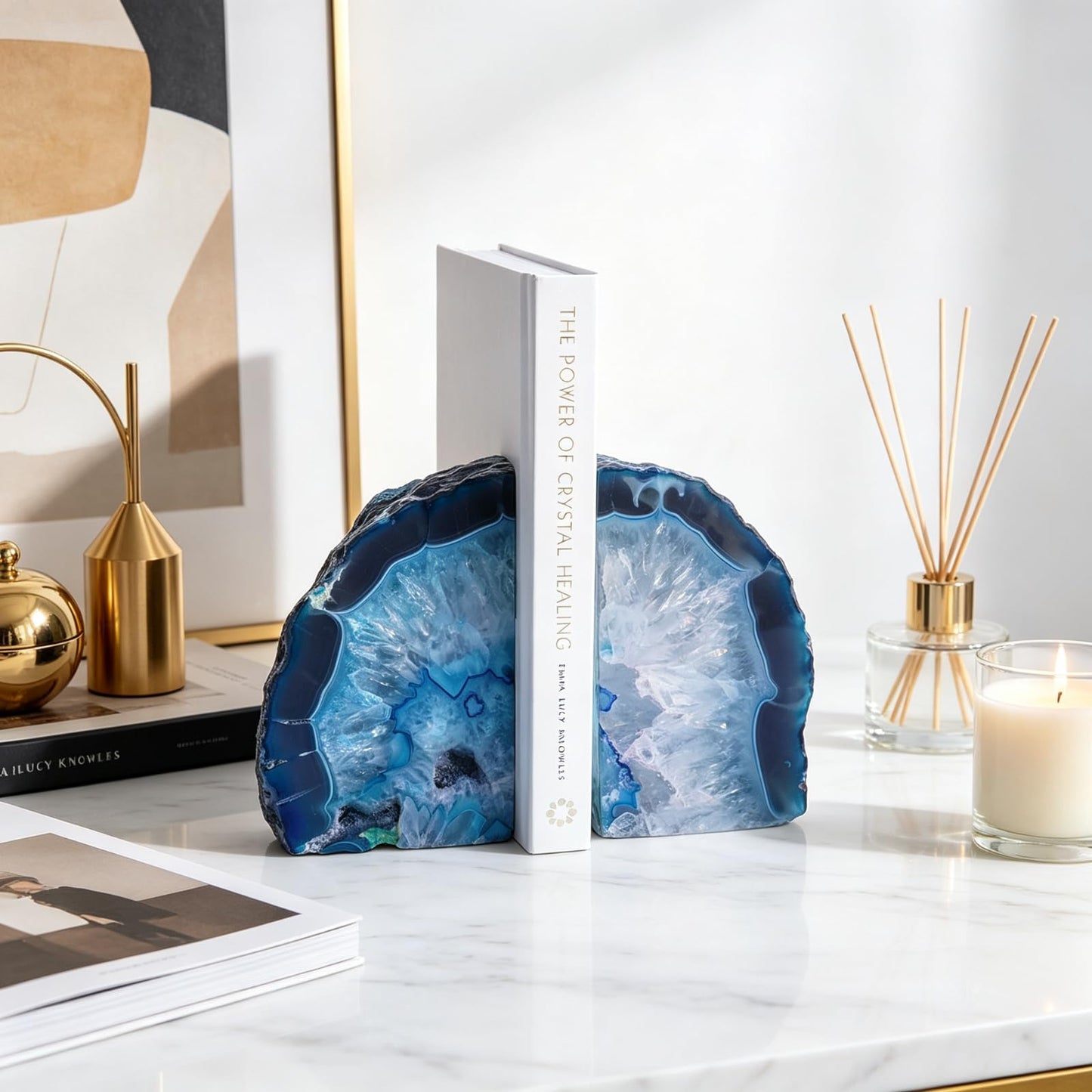 Sisamn Natural Blue Dyed Agate Geode Bookends - 3 to 4 lb Heavy Duty Rock Crystal Stone Book Ends for Shelves, with Rubber Bumpers, Decorative Book Holders for Home Office