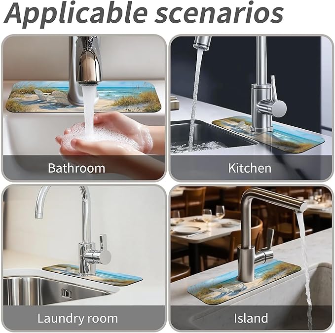 Kitchen Sink Splash Guard,Beach-scene Faucet Mat Sink Gadgets-Super Absorbent