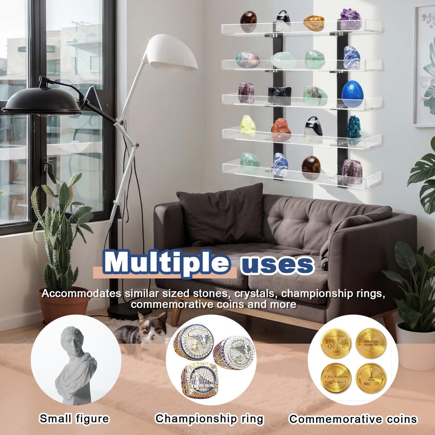 Novabright 5 Layer Acrylic Clear Rock Display Shelves for Wall Floating Shelves Organizer for Stone Collection 11.8" Rock Display for Stone Minerals Gemstones Crafts Figure Perfume for Living Room