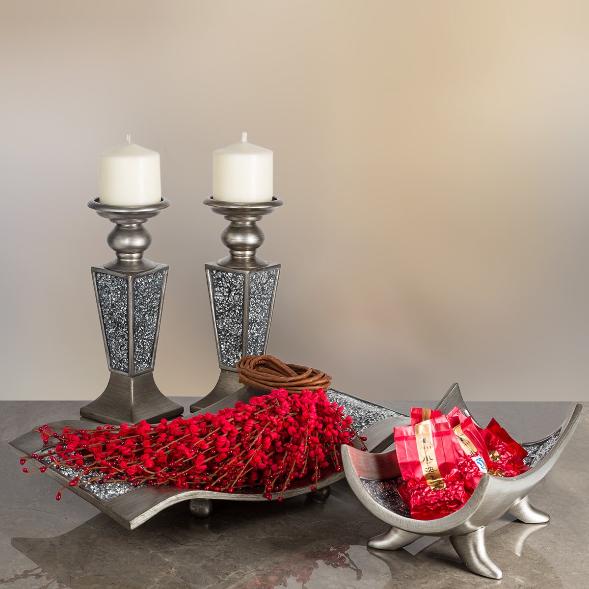Creative Scents Schonwerk Silver Centerpiece Bowl with Matching Pillar Candle Holder Set of 2 Crackled Mosaic Design- Functional Table Decorations - Centerpieces for Dining/Living Room - Best Gift