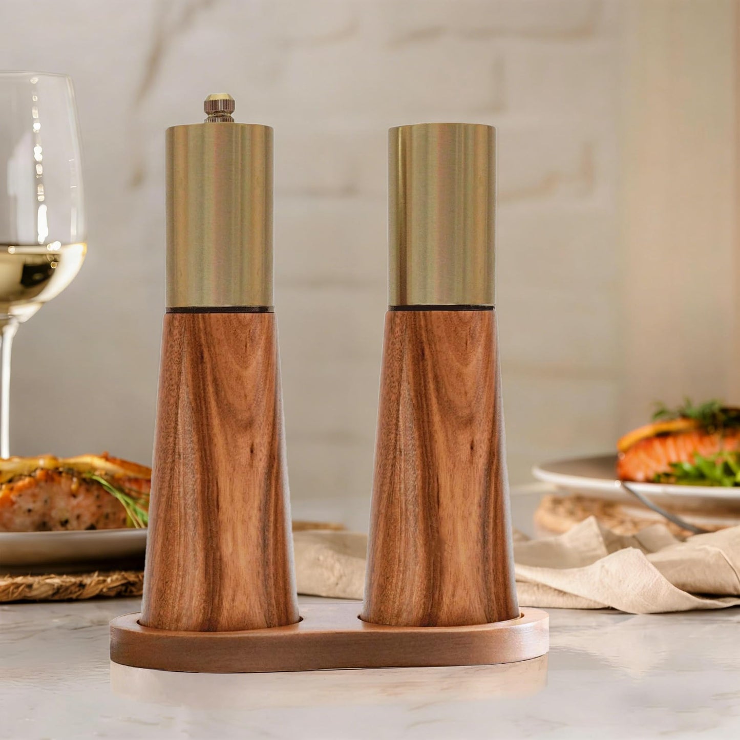 Salt and Pepper Grinder Set, Acacia Wooden Pepper Grinder with Adjustable Coarseness, Refillable Ceramic Blade Grind,Gold Pepper Mill for Kitchen (7.5IN- Acacia Wood-Base)