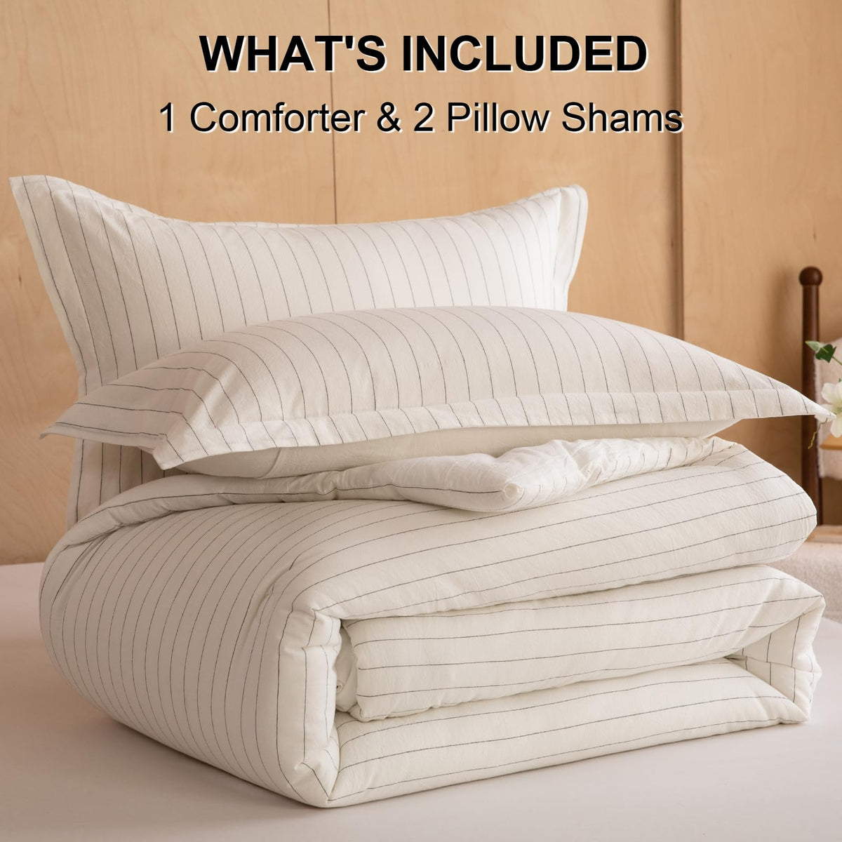 LLanCL Cotton Stripe Comforter Set Queen Size,100% Cotton Cover with Polyester Fill,Ultra Soft,Breathable,Lightweight Bedding for All Seasons,1 Comforter 90"x90" & 2 Pillow Shams 20"x26"(White)