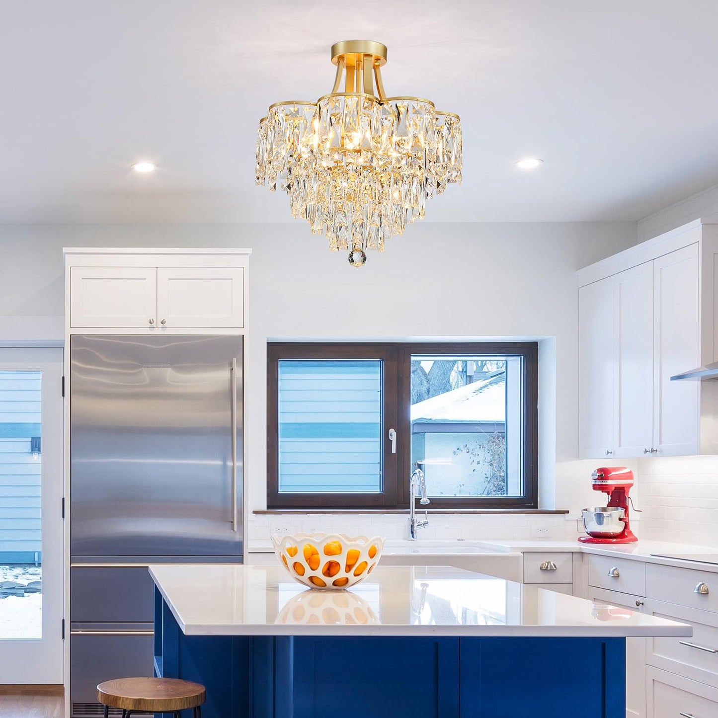 WUZUPS Crystal Chandelier Semi-Flushmount Ceiling Light Modern Lighting Fixture for Bedroom Hallway Entry Kitchen Bathroom, H 19.3" x W 18.3", E12 Base, Gold