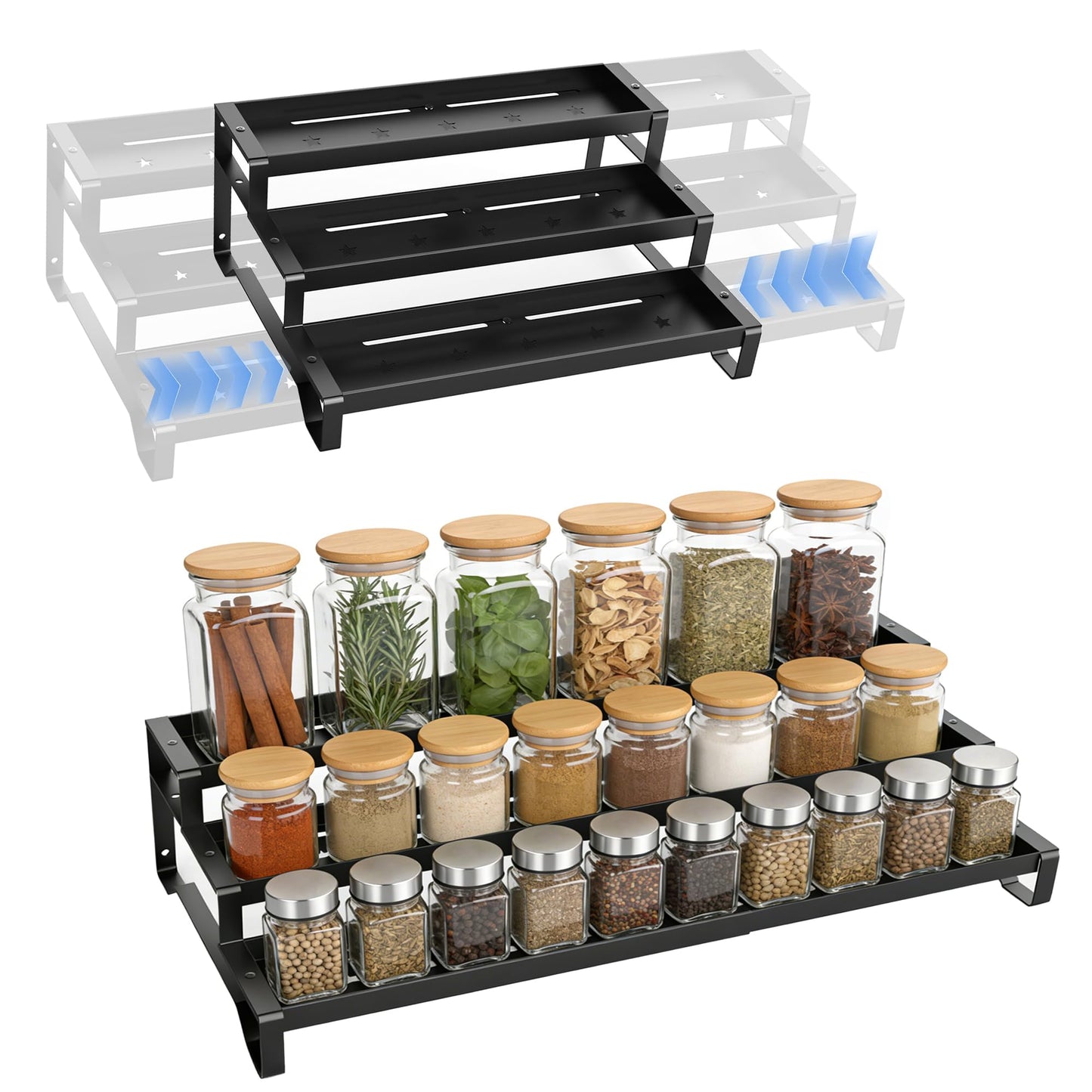 SANKEU Expandable Spice Rack Organizer for Cabinet 3 Tiered Metal Seasoning Organization with Guardrails Spice Shelf Storage for Jars Adjustable Length 13"-21" Black 1Pack