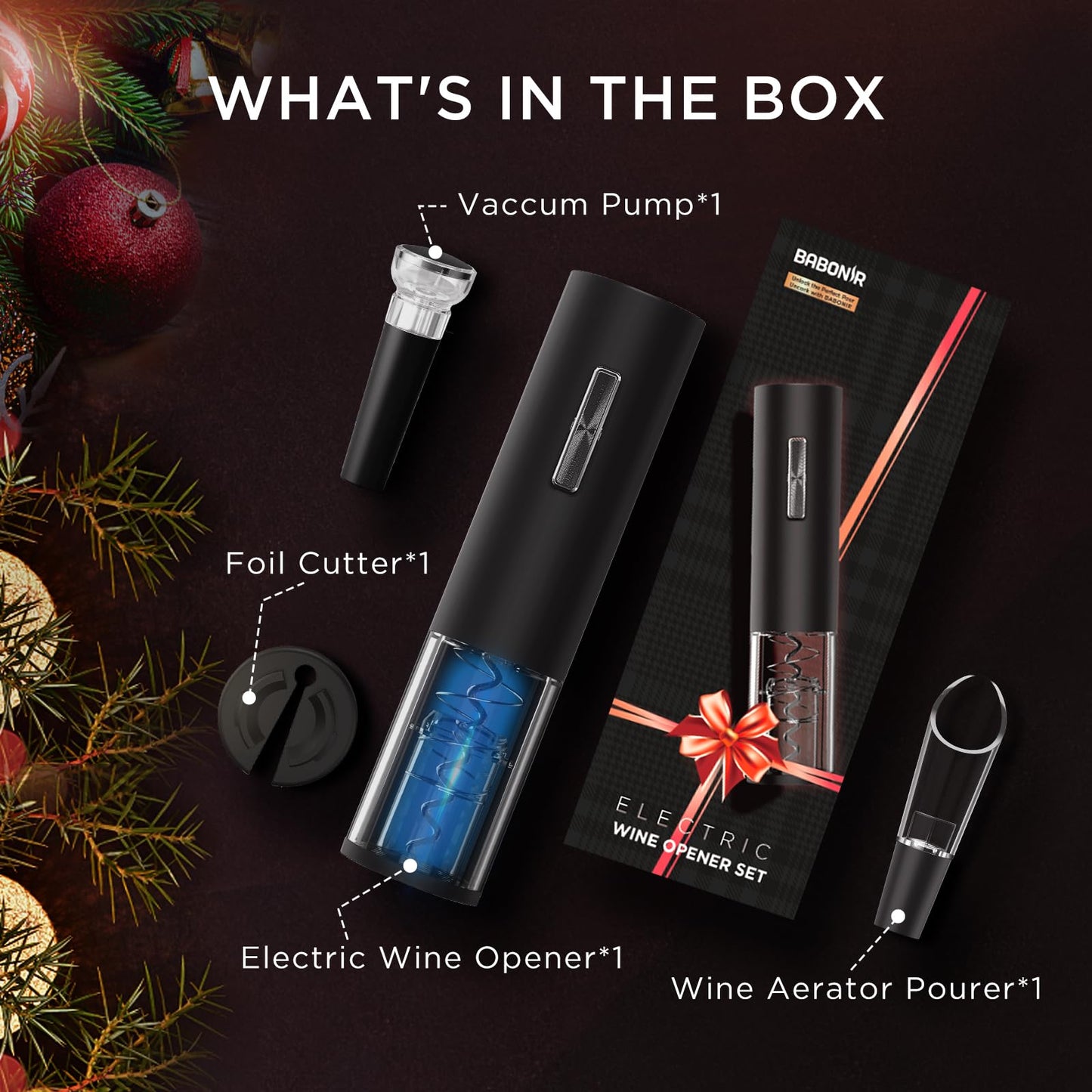 BABONIR Electric Bottle Wine Opener Set, Automatic Electronic Corkscrew with Blue Led Indicator, Vacuum Stopper, Pourer, and Foil Cutter, Perfect for Home, Party and Wedding, Rechargeable
