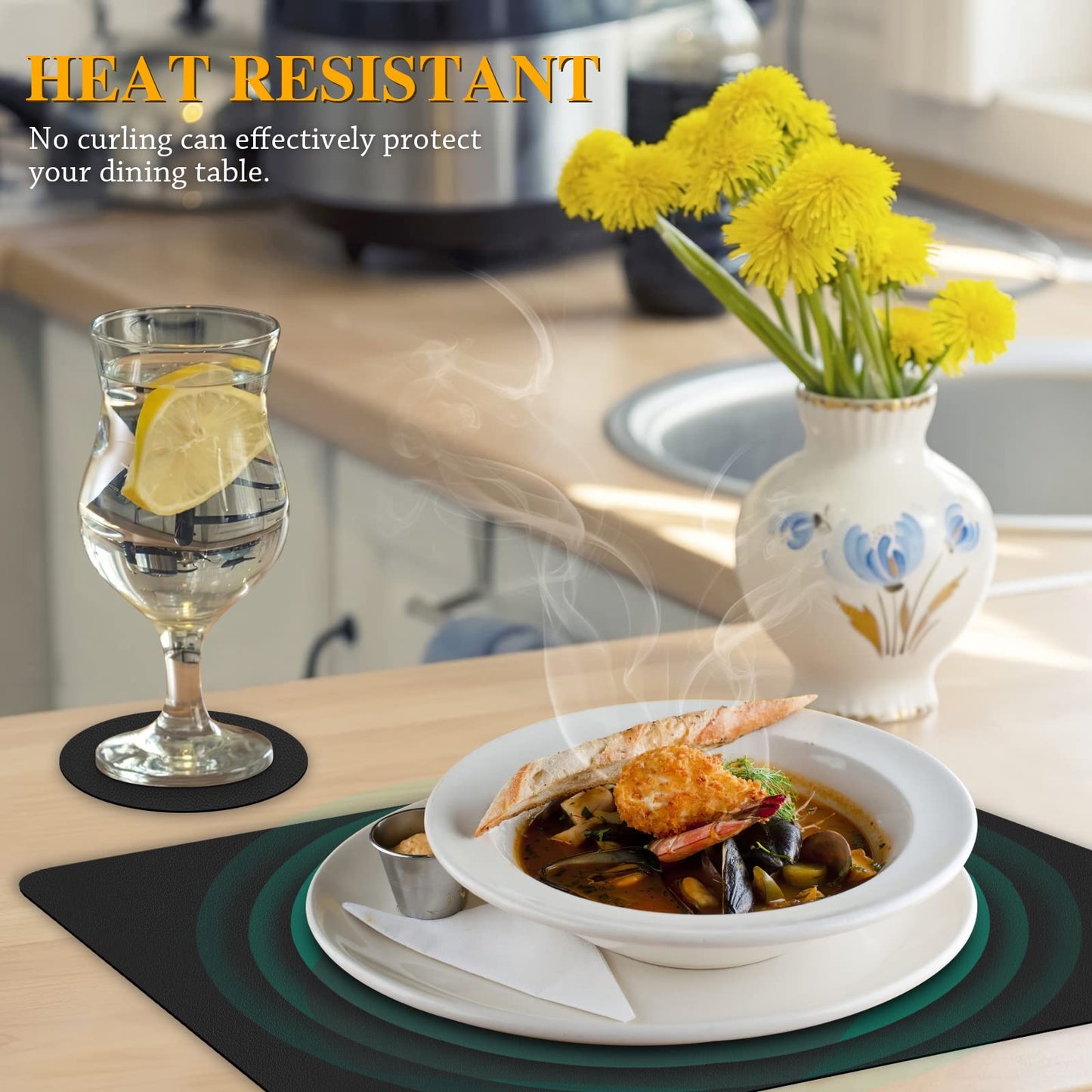 Bacgnyer Placemats Set of 4, Placemat with Coasters Heat Stain Scratch Resistant Non-Slip Waterproof Oil-Proof Washable Wipeable Outdoor Indoor for Dining Patio Table Kitchen Decor and Kids (Black 4)