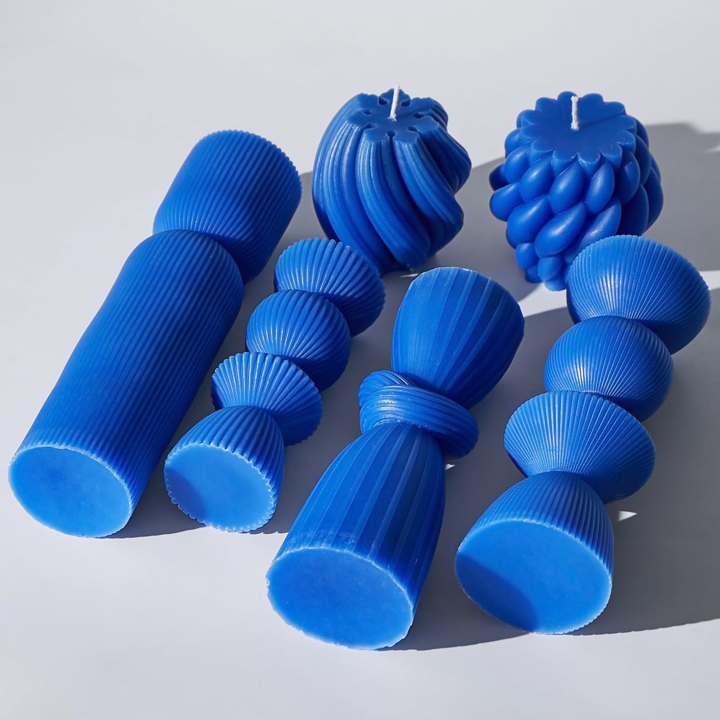 7 Pcs Large Ribbed Pillar Candles - Handmade Soy Wax Candles for Home Decor, Modern Shelf Decor, Housewarming Gift, Aesthetic Room Decor (Blue)