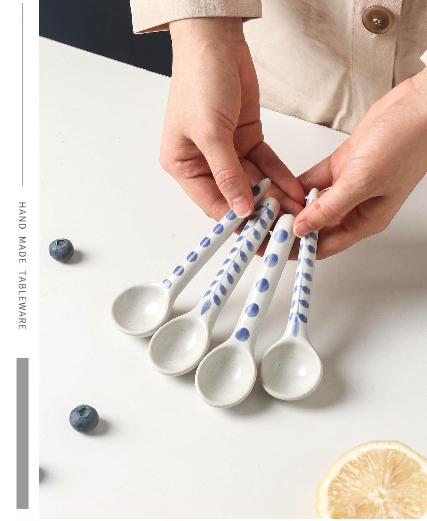 4-Pack - Ceramic blue and white Afternoon Tea, Coffee Whisk, Handmade Spoon,Pointed-head/Round-head handle coffee spoon, tea scoop for loose tea, Size 4.9 * 1.3 in(12.5 * 3.5 cm)