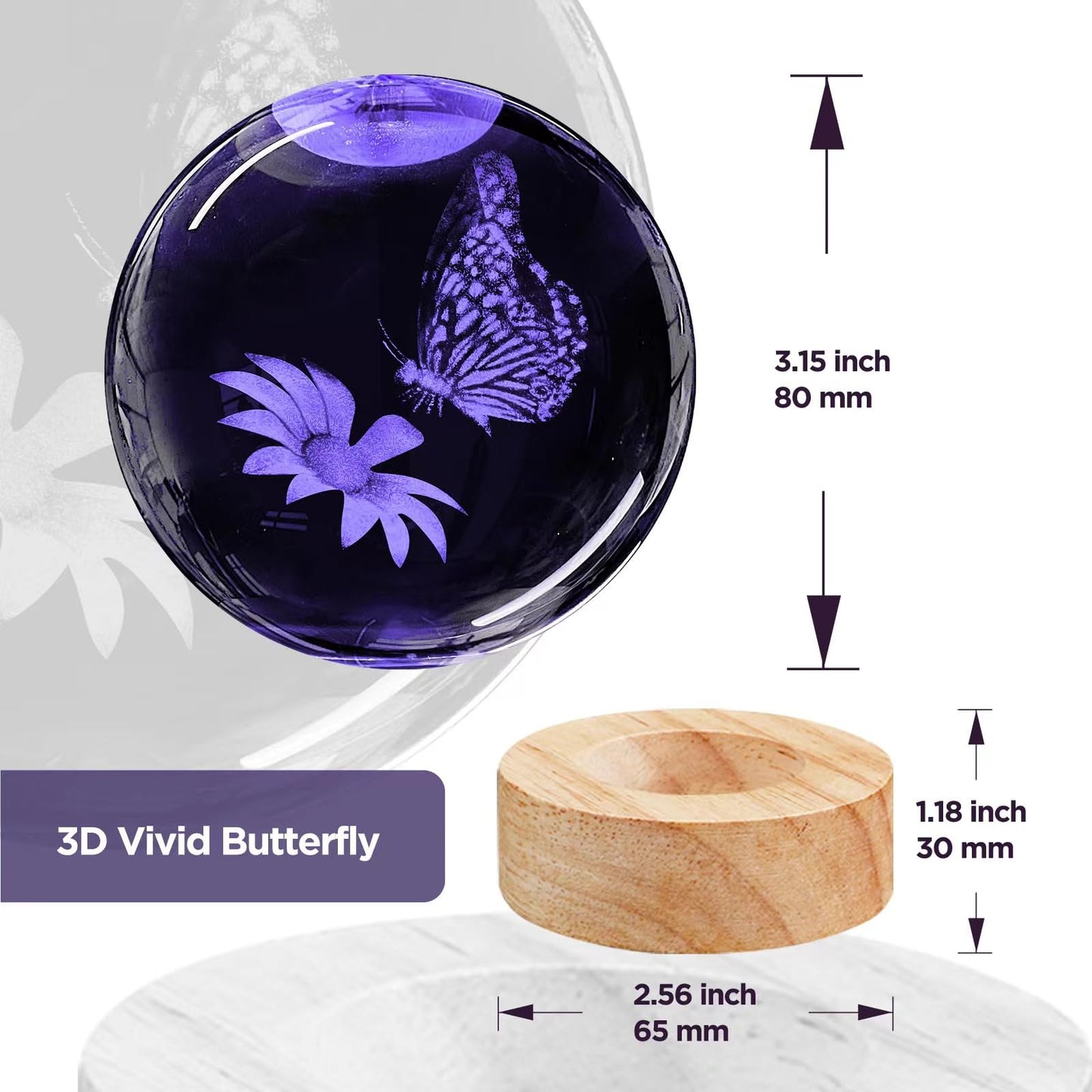 Huntalg 3D Butterfly Crystal Ball Night Light with 16 Colors and 4 Modes, Upgraded K9 Crystal, 3.15 Inch Butterfly and Flower Figurines, Remote Control, Gift Box