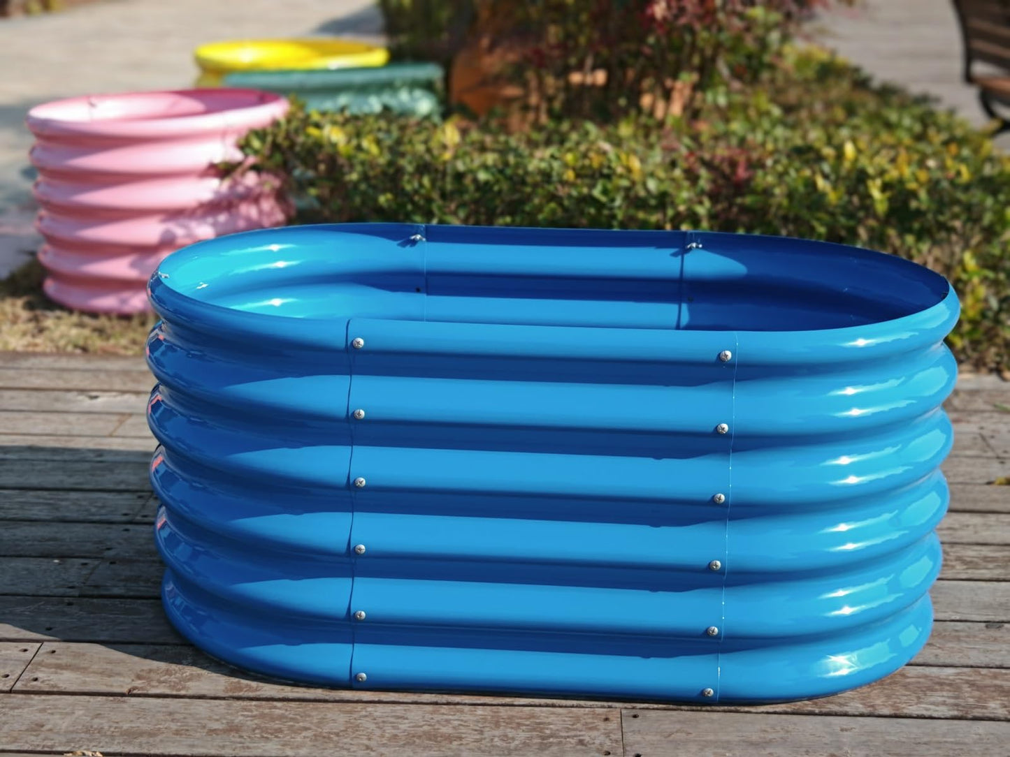 A ANLEOLIFE Kids Mini Raised Garden Beds Outdoor (3-Pack)-40x24x18in Oval Round Galvanized Metal Planter Box for Planting Vegetables, Flowers, Fruits, Eco-Safe & Easy Setup, Sky Blue