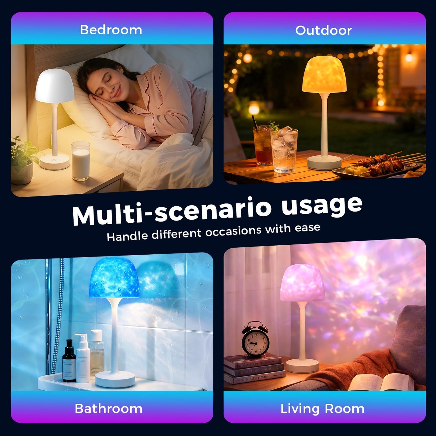 Waterproof Shower Lamp Sets with 16 Color Ocean Wave Projector, Rechargeable LED Light with Remote & Touch Control, household lamp sets 3 White Modes,USB-C for Bathroom, Bedroom, Spa Gifts