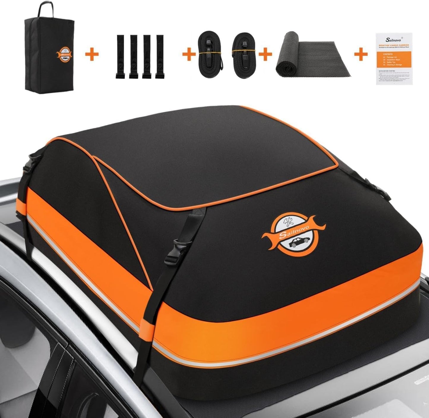 Sailnovo Rooftop Cargo Carrier & Car Roof Cargo Bag– Waterproof 15 Cubic Feet Heavy Duty Roof Rack Cargo Carrier Bag- Fits Cars with/Without Rack, Includes Anti-Slip Mat, 4 Door Hooks