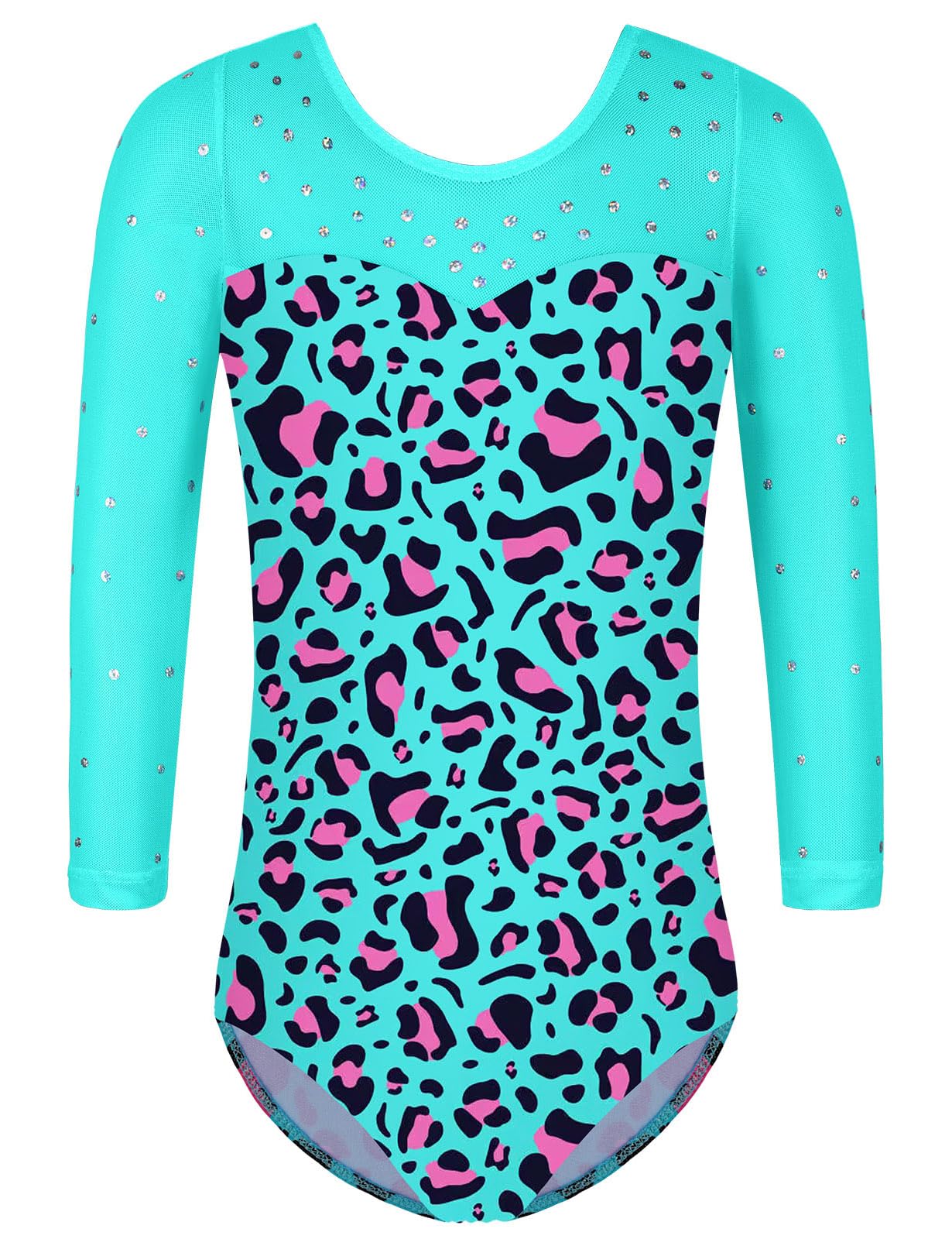 TFJH E 3/4 Sleeve Girls Gymnastic Leotards Practice Ootfits Ballet Bodysuits Tumbling Wear Green Leopard 4A