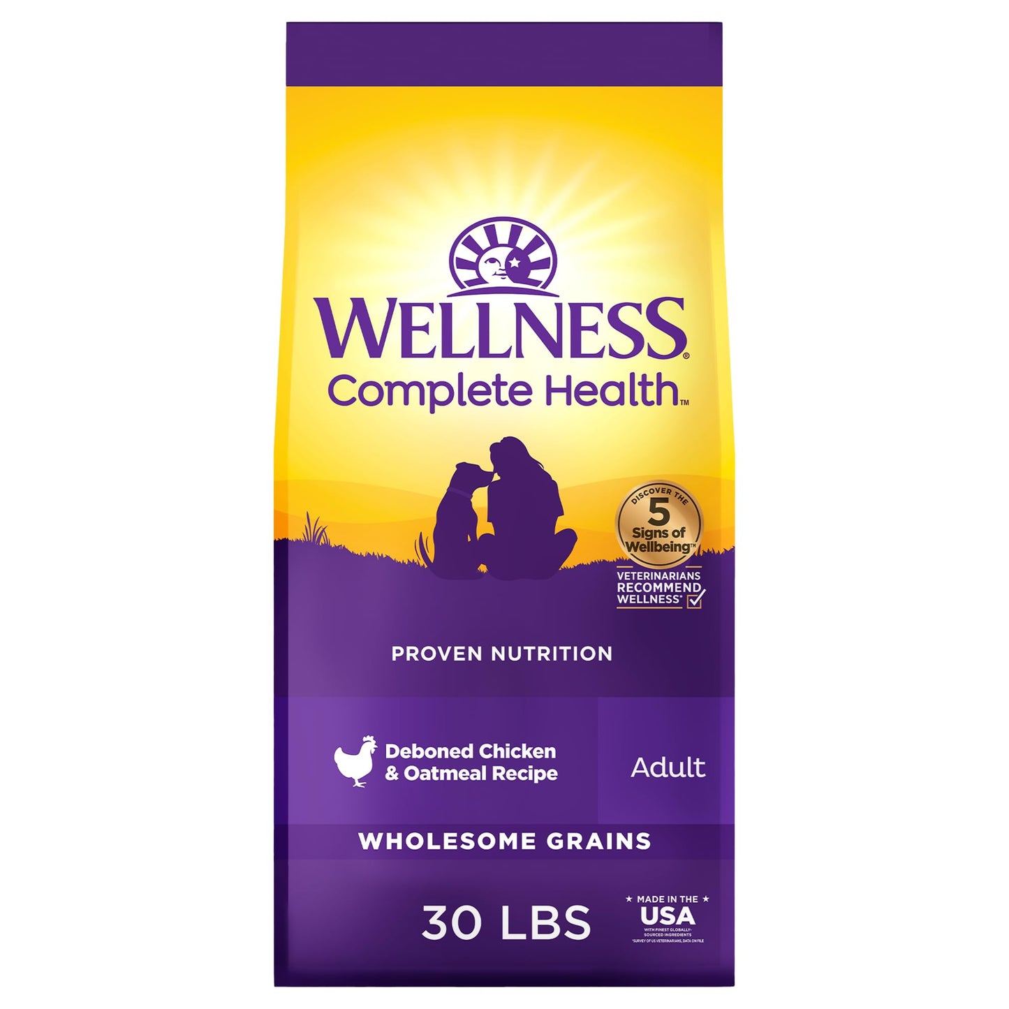Wellness Complete Health Dry Dog Food with Grains, Made in USA with Real Meat & Natural Ingredients, All Breeds, Adult Dogs (Chicken & Oatmeal, 30-lb) – With Nutrients for Immune, Skin, & Coat Support