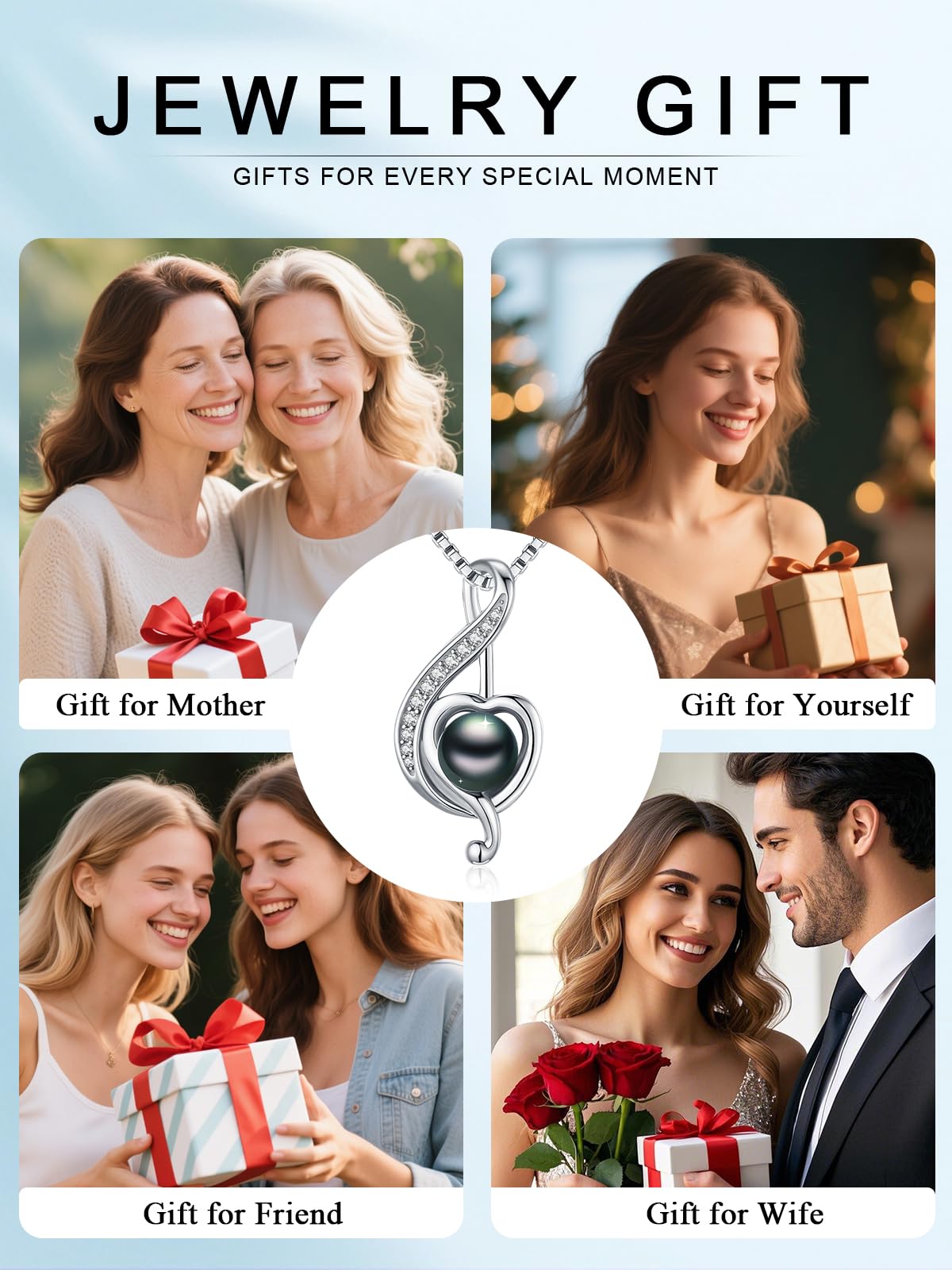 KANNSOAR Tahitian Black Pearl Necklace 925 Sterling Silver Musical Note Pendant Tahitian Black Pearl Jewelry for Women Wife Gifts for Wedding Anniversary Christmas Birthday