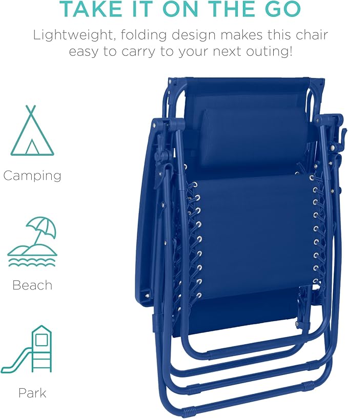 Best Choice Products Folding Zero Gravity Outdoor Recliner Patio Lounge Chair w/Adjustable Canopy Shade, Headrest, Side Accessory Tray, Textilene Mesh - Marine