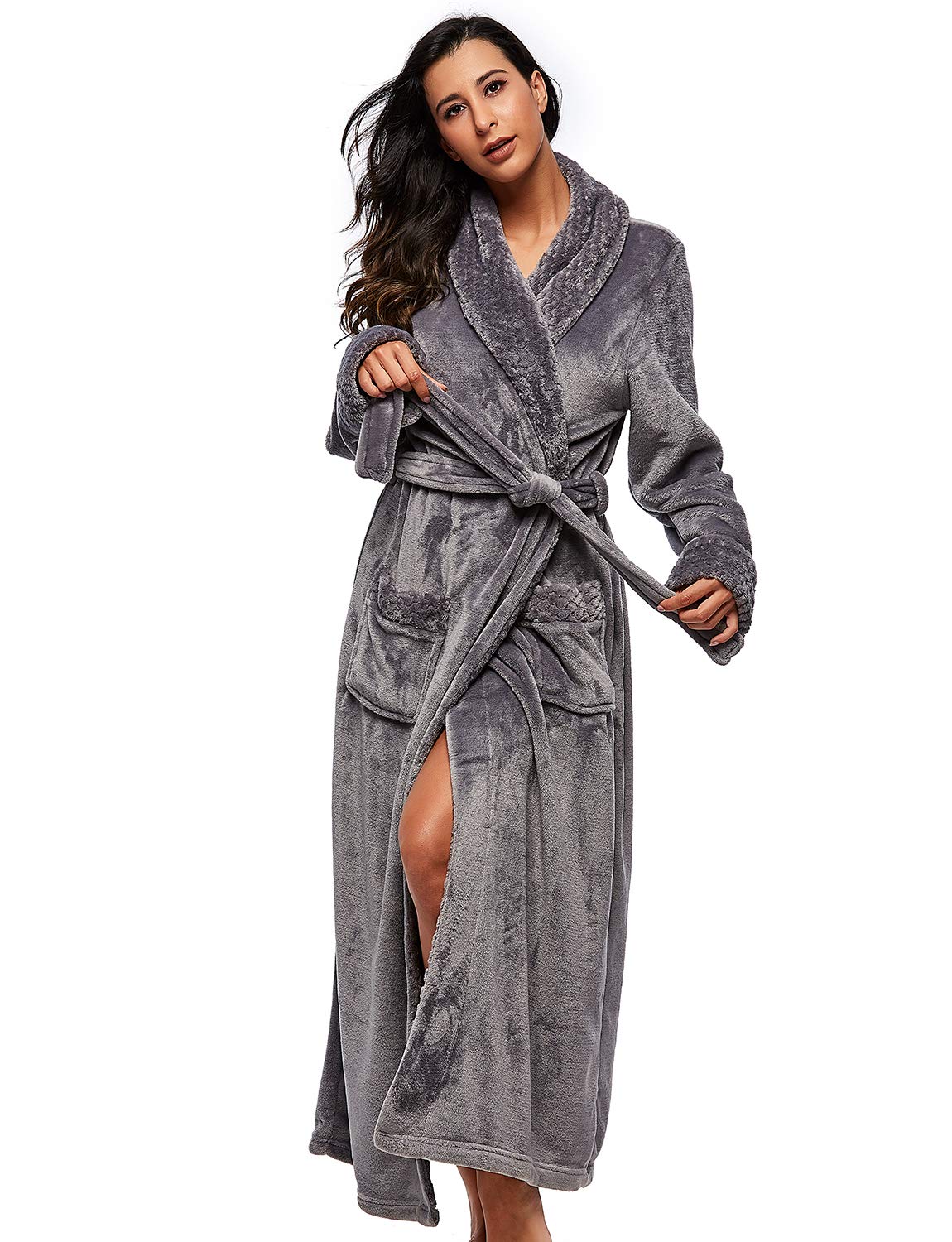 BELLOO Unisex Flannel Dressing Gown Cozy Coral Fleece Bathrobe Long Style, Grey XL