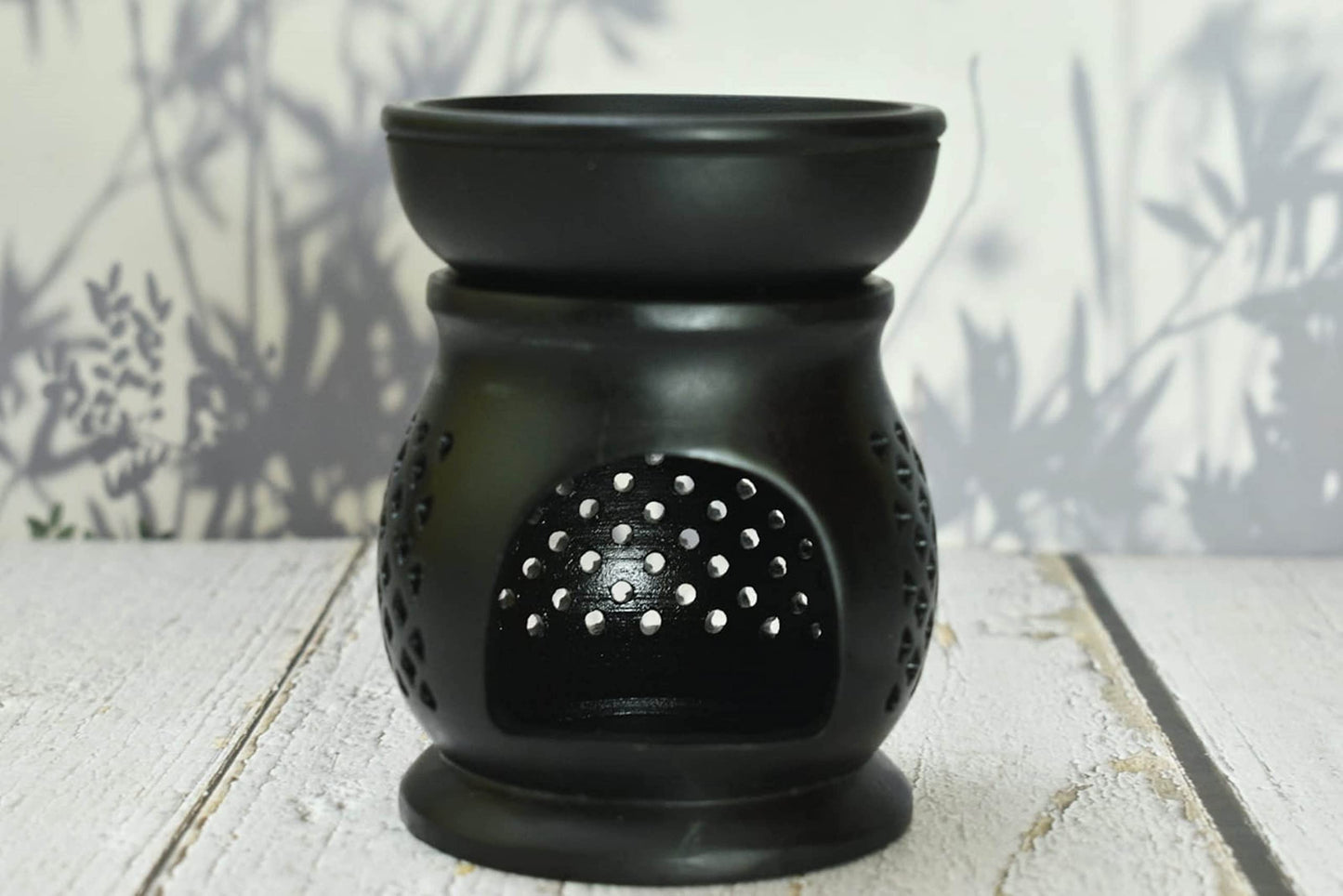 Oil Burner Aroma Diffuser|Soapstone Tea Light Holder|Black Hand Carved Jali Work|Soapstone|for Aromatherapy- 5 inch (Design 1)