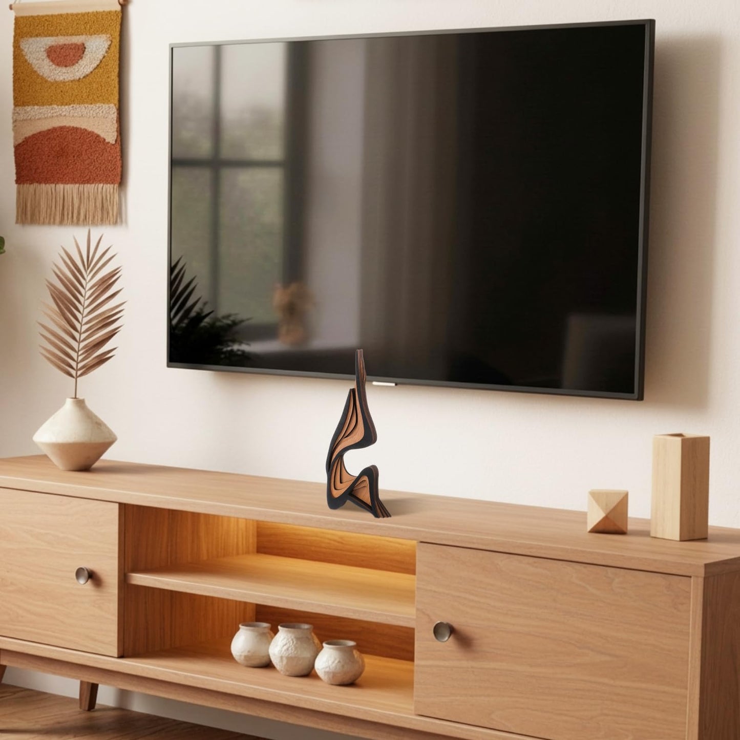 Fumete Mid-Century Modern Wood Abstract Sculpture Wooden Curved Art Table Decoration Modern Home Decorative Objects for Mantel Bookshelf Dresser Living Room Office & Entryway Table Decorative