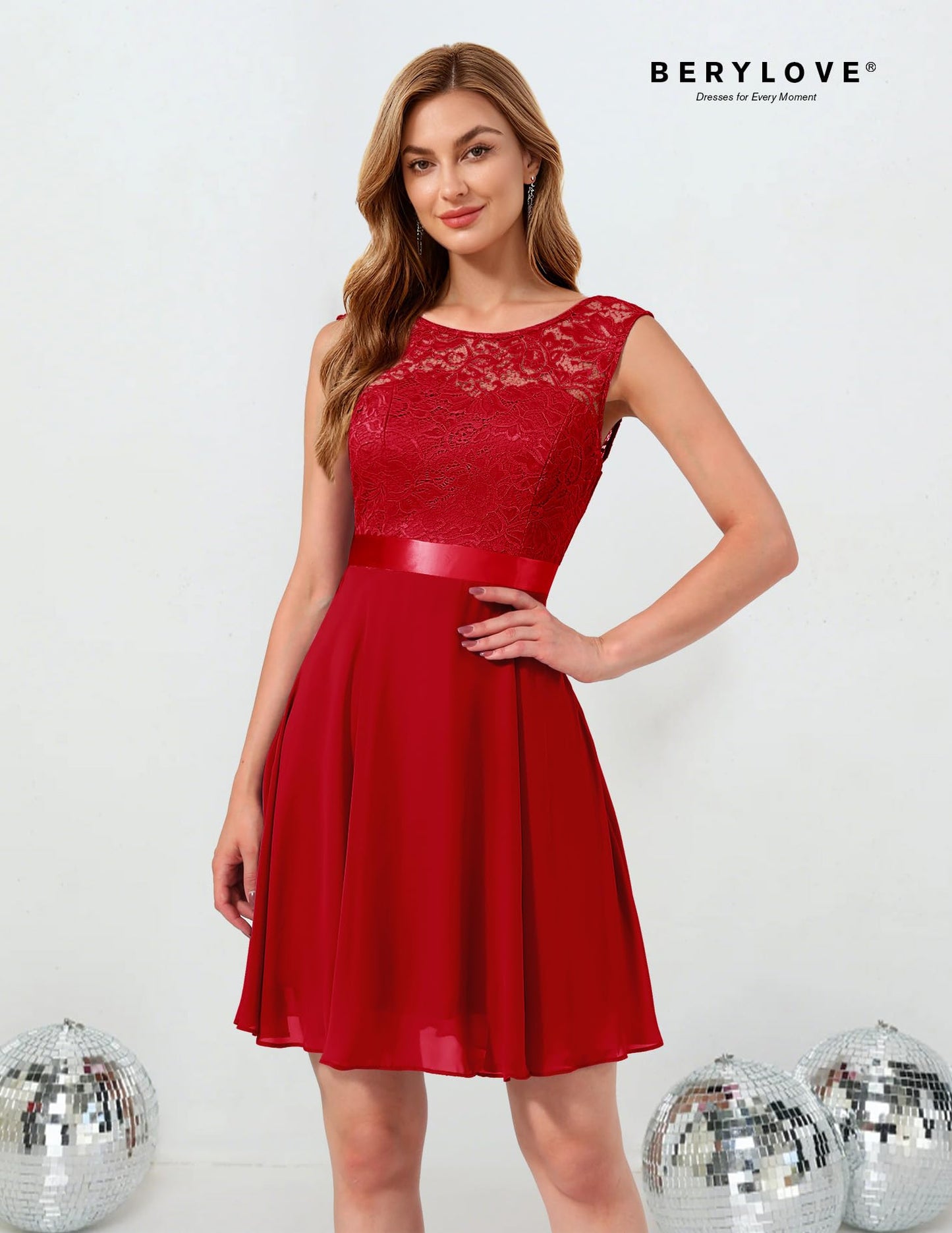 BeryLove Women's Short Homecoming Dresses for Teens Sleeveless Flowy A Line Wedding Guest Lace Cocktail Prom Formal Dress 05 B-Red L