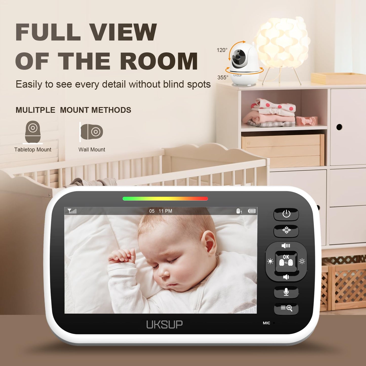 UKSUP Baby Monitor with Camera and Audio- Video Baby Monitor with 960ft Long Range, Remote Pan-Tilt-Zoom, Night Vision, Temperature Sensor, 2-Way Talk, 8 Lullabies, 30-Hour Battery & No WiFi