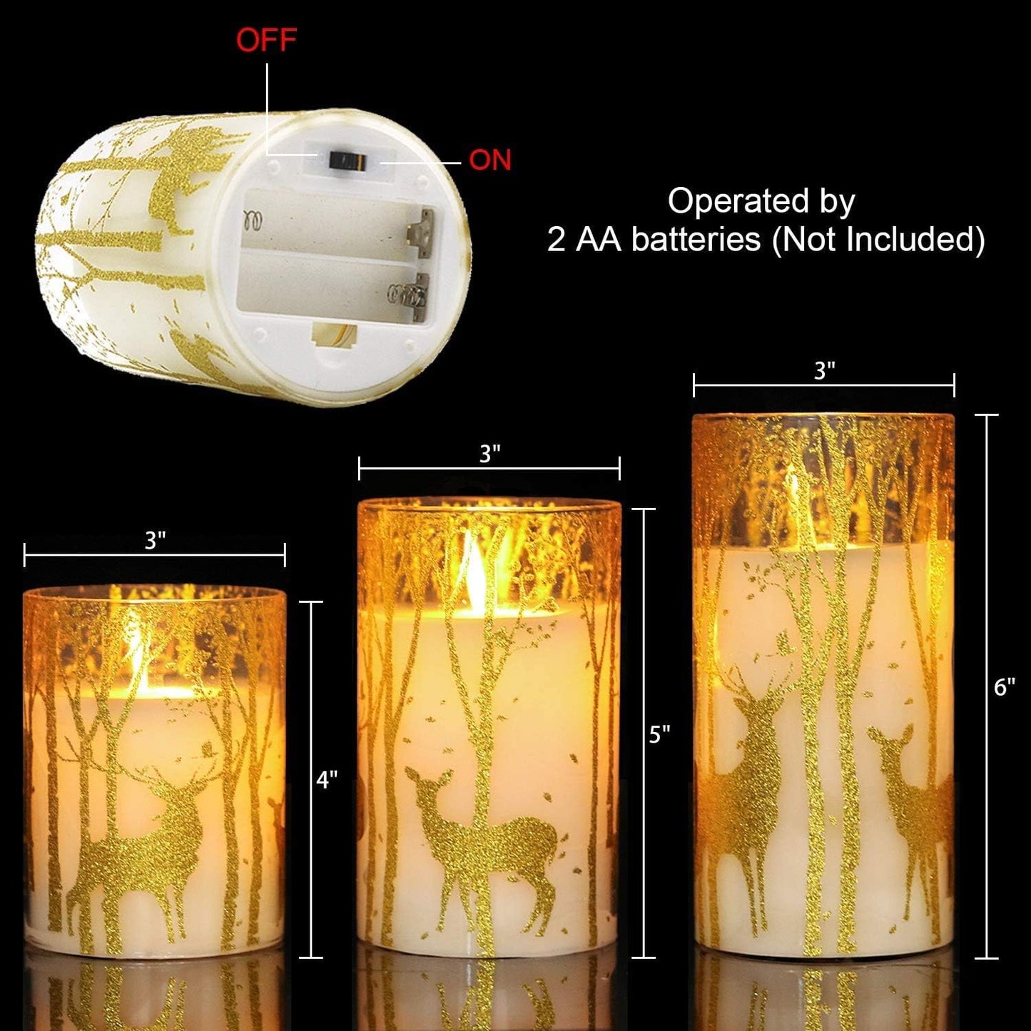 GenSwin Glass Flameless Candles Flickering with Deer Decor and Remote Timers, Battery Operated Moving Wick Led Light, Set of 3 Real Wax Pillar Candles for Christmas Home Decoration