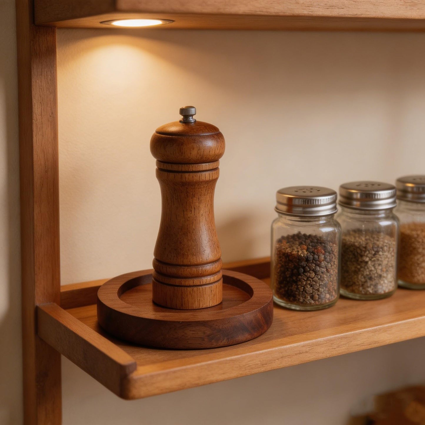 LOGOFUN Acacia Wood Spice Grinder Tray with Round Base Manual Salt Pepper Mill Holder for Kitchen Bottle Storage Home Supplies - 7.5X7.5X1.2cm/2.95X2.95X0.5in