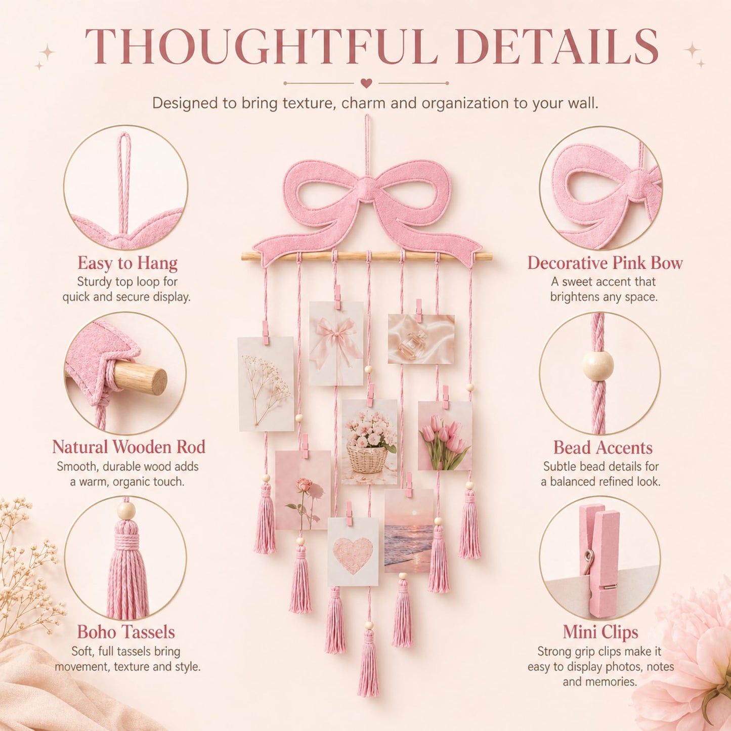 Fiwochic Pink Bow Hanging Photo Display Pink Bow Wall Decor Macrame Wall Hanging Coquette Picture Holder with 30 Clips for Teenage Girl Gift Room Decor Bedroom Graduation Wedding Coquette Party