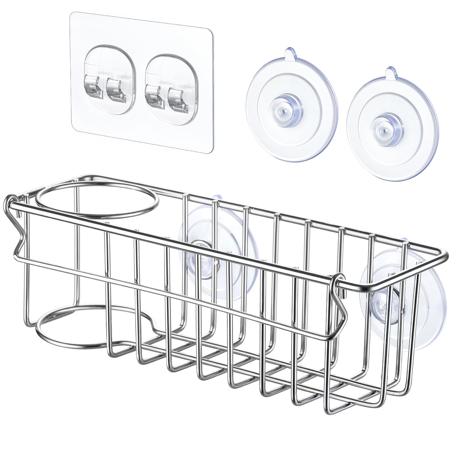 3-In-1 Sponge Holder for Kitchen Sink with Suction Cups & Adhesive Hook, In-sink Sponge Holder, Wall Hanging Sink Caddy Organizer Rack - Sponge, Dish Cloth, Brush, Scrubber - 304 Stainless Steel