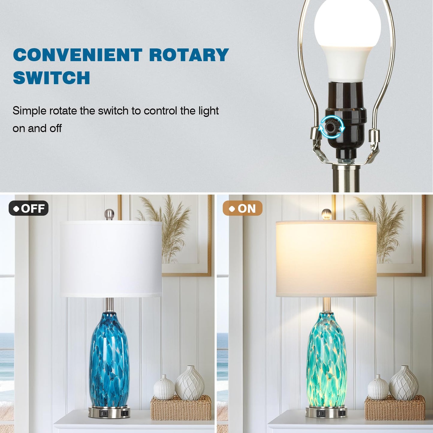 Rinweey 26" Peacock Green Glass Table Lamps Set of 2,Coastal Nautical Bedside Lamps with USB Ports & AC Outlet,Lamparas Elegantes para Cuarto with Night Light for Bedroom Living Room Decoration