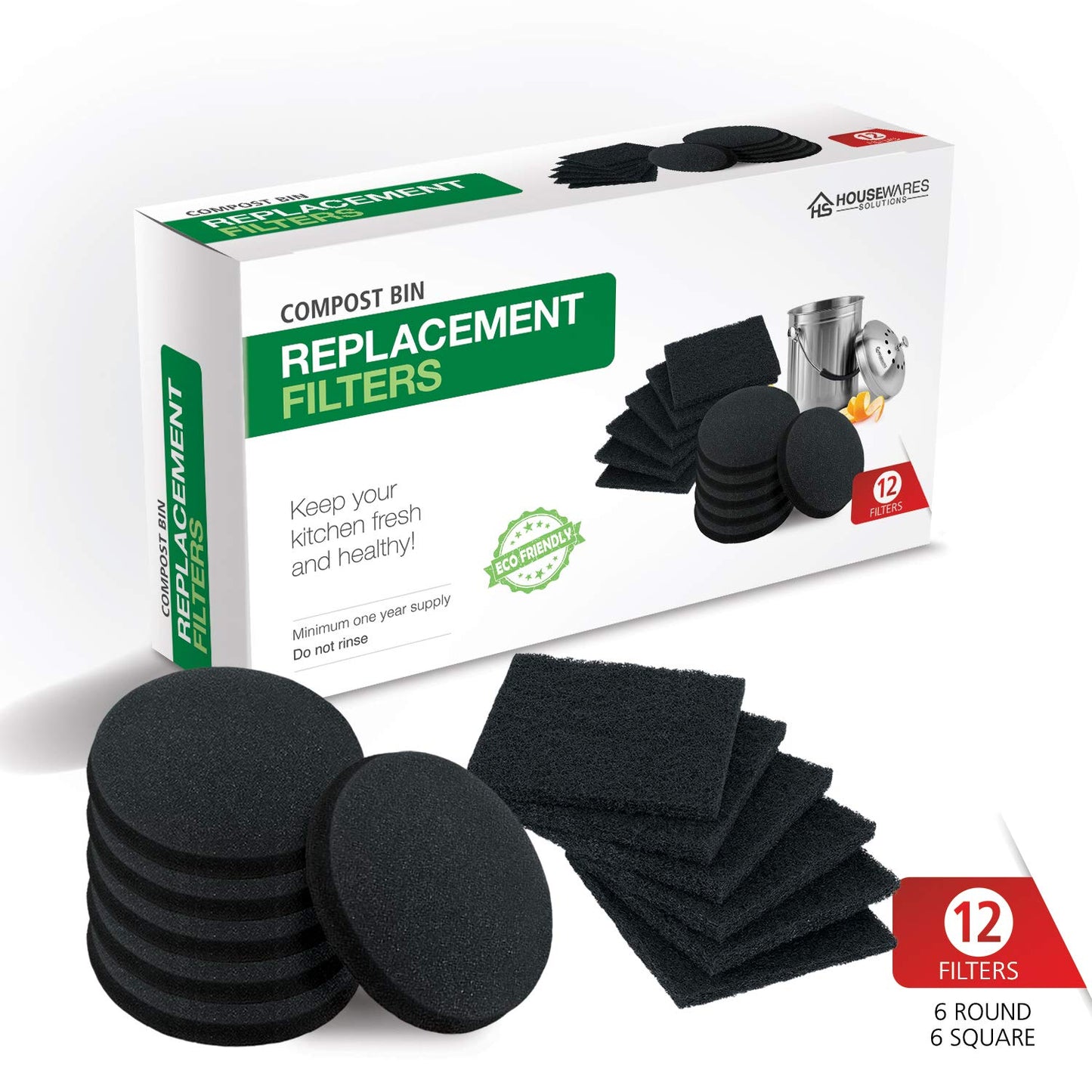 12 Pieces Counter Top Activated Carbon Compost Bin Filters - Extra Thick Indoor Pail Replacement Charcoal Caddy Filters Refill, 0.4" Thickness