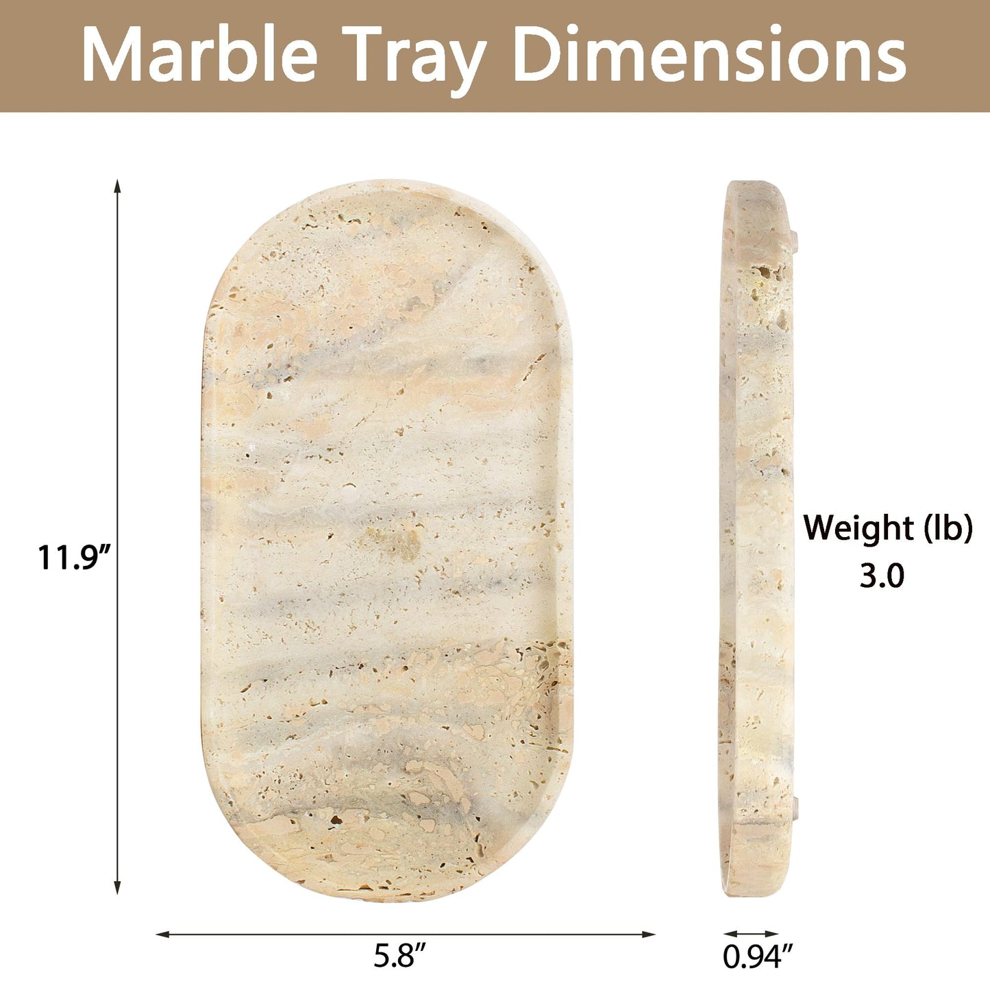YMXYJM Genuine Real Natural Marble Tray for Bathroom, Luxury Ultra White Travertine Stone Vanity Tray, Decorative Oval Trays for Countertop Storage, Vanity, Dresser, Kitchen, Home Decor, 11.9"*5.8"