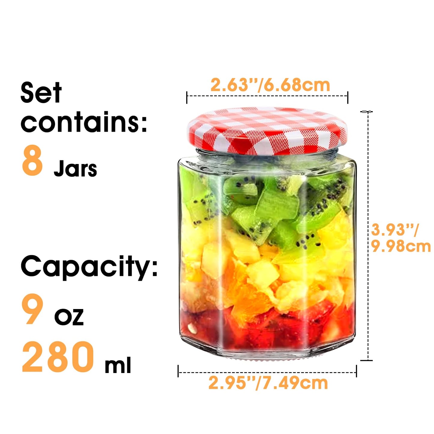 Showvigor Glass Jam Jars with Red Gingham Lid - 280ml/9oz - Hexagonal Storage Glass Jars, Clear Airtight Jar for Pickling, Chutney, Jam, Coffee - 6 Set