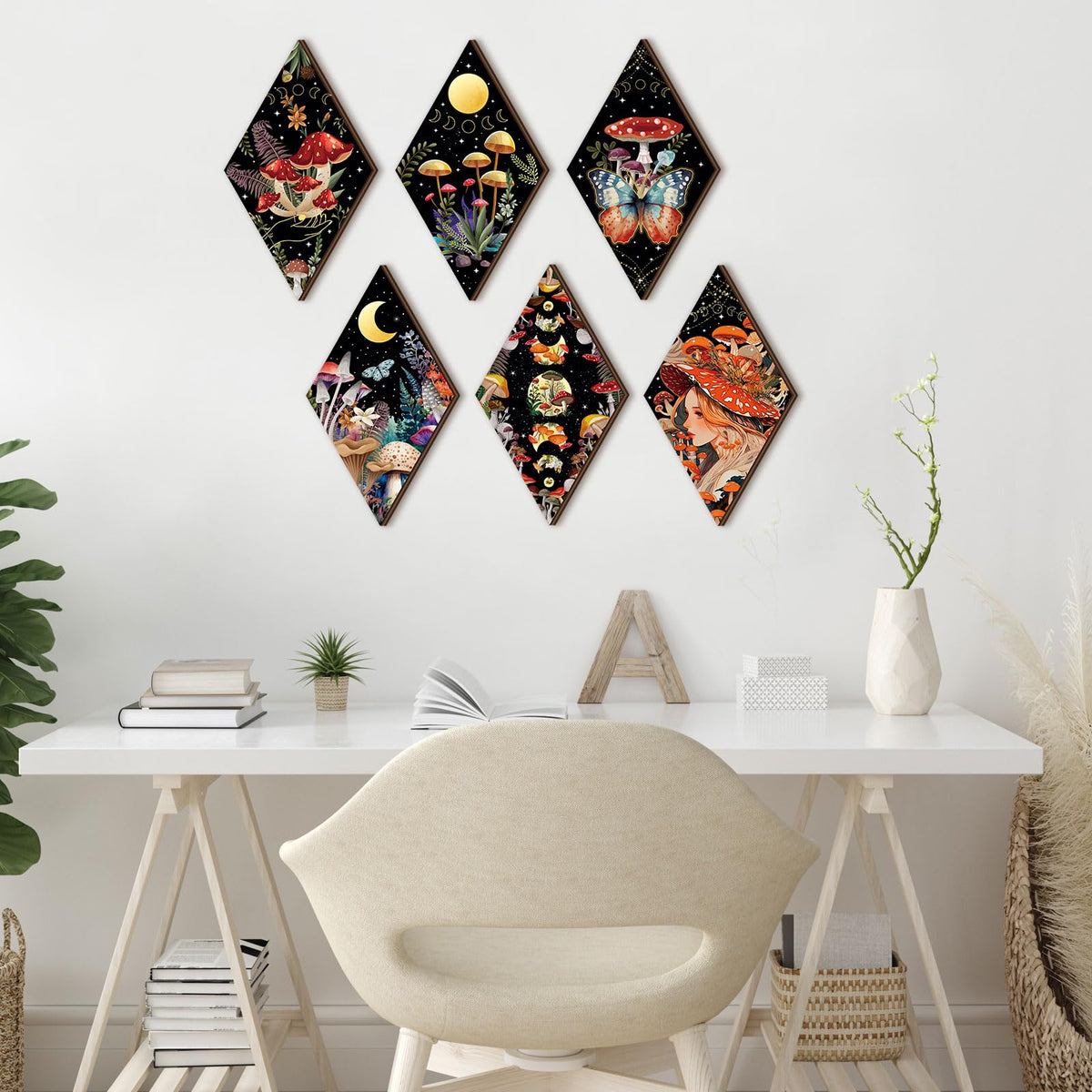 Qunclay 6 Pcs Witchy Gothic Wall Decor, Rustic Boho Moon Phase Sun Mushroom Star Hanging Wooden Ornament for Bedroom Living Room Gallery, Celestial Goth Home Decoration Farmhouse Pediments(Mushroom)