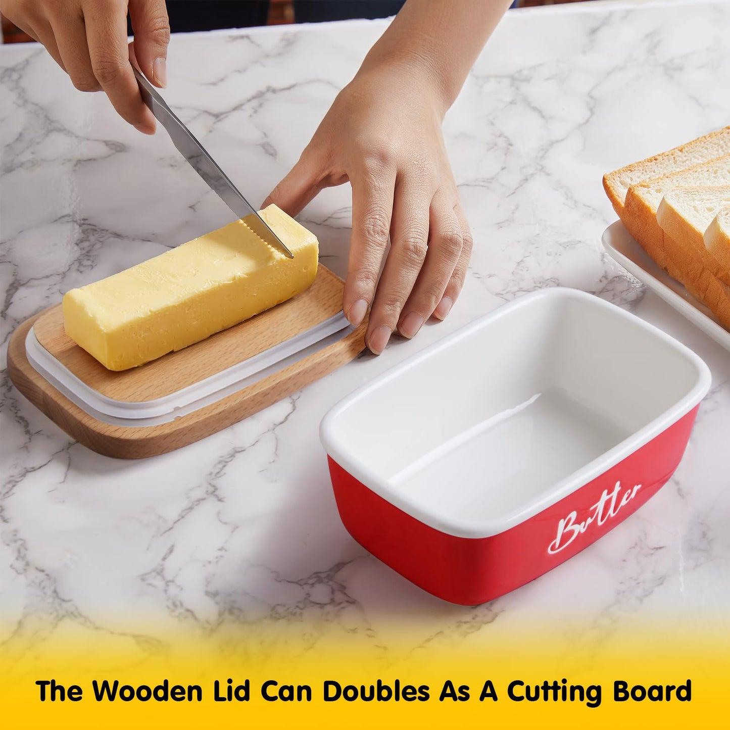 ALELION Red Butter Dish with Lid for Countertop, Ceramic Butter Container with Beech Wood Lid, Airtight Butter Keeper for Counter or Fridge, for Red Kitchen Decor and Accessories