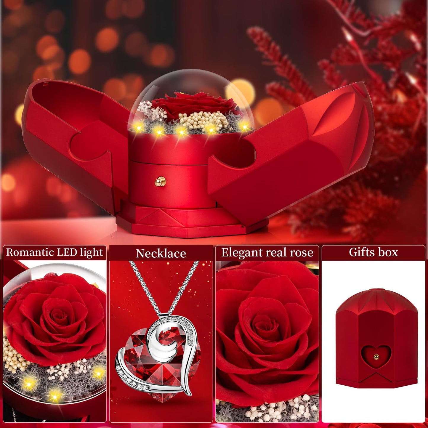Preserved Real Red Rose with Necklace Forever Flowers Rose Valentines Day Gifts for Her Wife Girlfriend Women Mom Grandma on Valentines Mothers Day Sweetest Day Christmas Anniversary Romantic-Red
