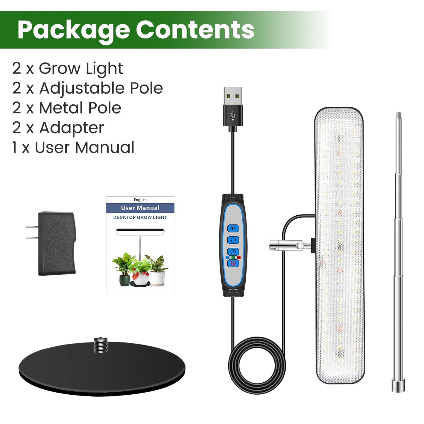 Wiaxulay Grow Lights, Full Spectrum Plant Light for Indoor Plants, Height Adjustable Desktop Grow Lamp with Auto Timer 6/12/16Hrs, 3 Lighting Modes,5 Brightness,Ideal for Potting Soil, 2 Pack