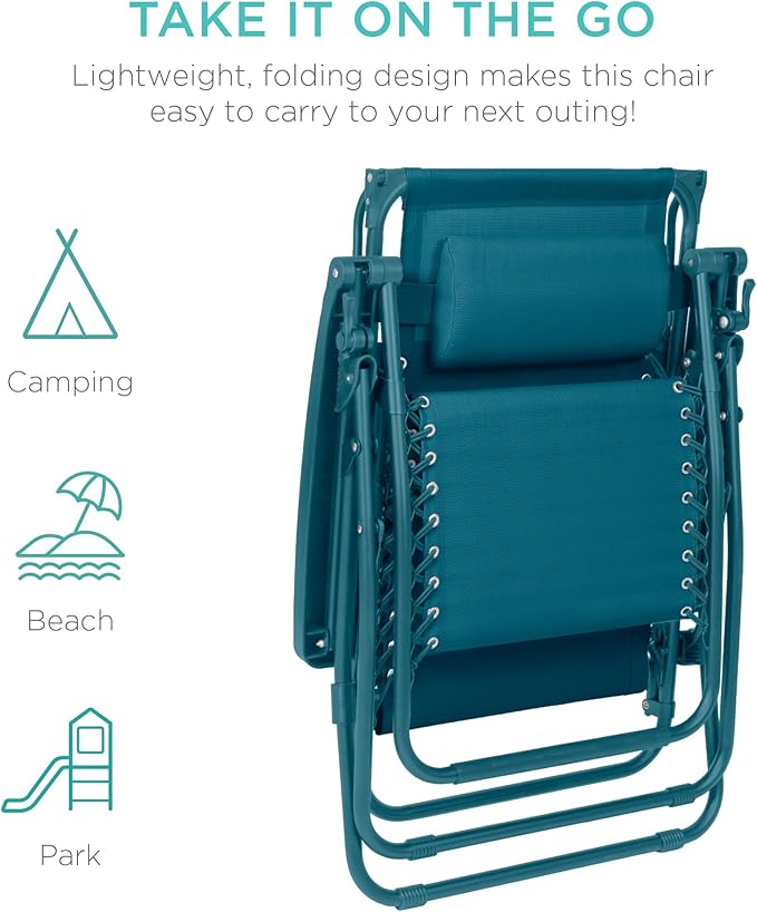Best Choice Products Folding Zero Gravity Outdoor Recliner Patio Lounge Chair w/Adjustable Canopy Shade, Headrest, Side Accessory Tray, Textilene Mesh - Peacock