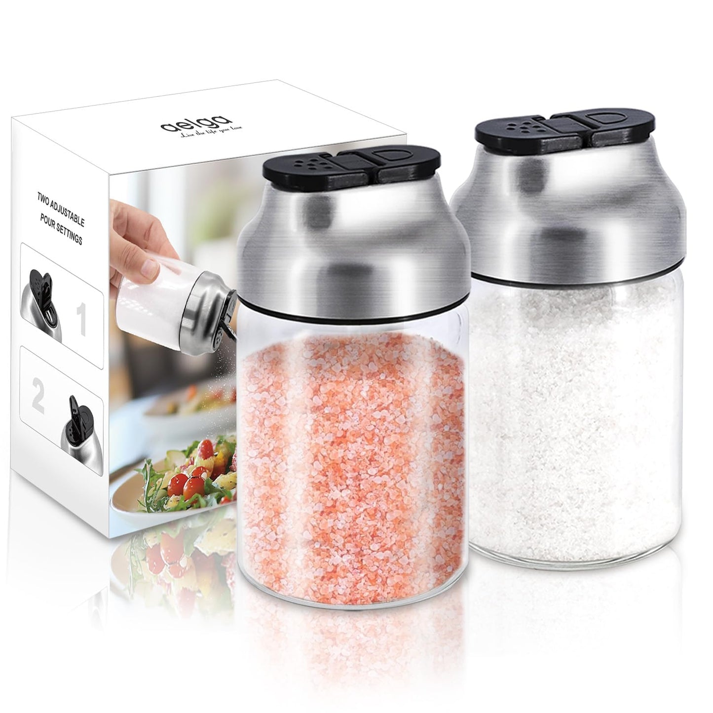 Aelga Salt and Pepper Shakers Set - 5 OZ Glass Salt Shaker with Adjustable Pour Holes - Sugar Dispenser with Stainless Steel Lid - Elegant Kitchen Table Accessories