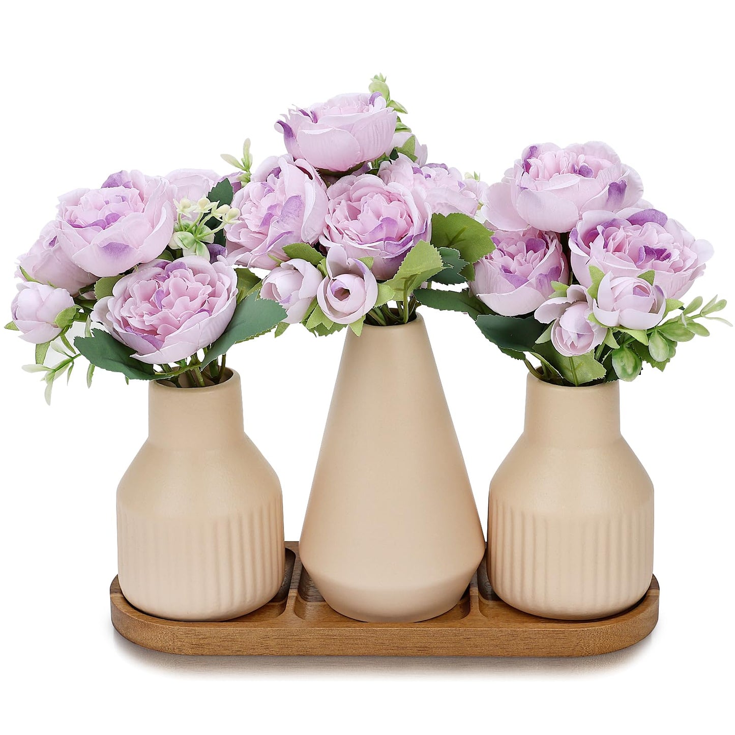 Nagobi Flower Table Centerpiece - Dining Table Centerpiece Decor Set of 3 Fake Peonies in Ceramic Vases & Wood Tray Modern for Kitchen Island Living Room Coffee Table Home Decor (Light Purple)