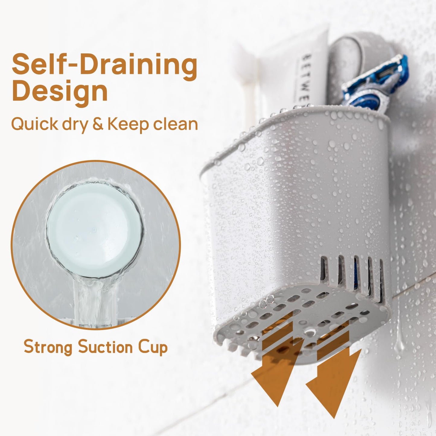 LEVERLOC Powerful Suction Toothbrush Holder 2 Pack, Removable Drill-Free Wall Shower Holder for Toothbrush, Toothpaste, Razor, Self-draining Suction Cup in Shower, Kitchen Tableware Organizer, Gray