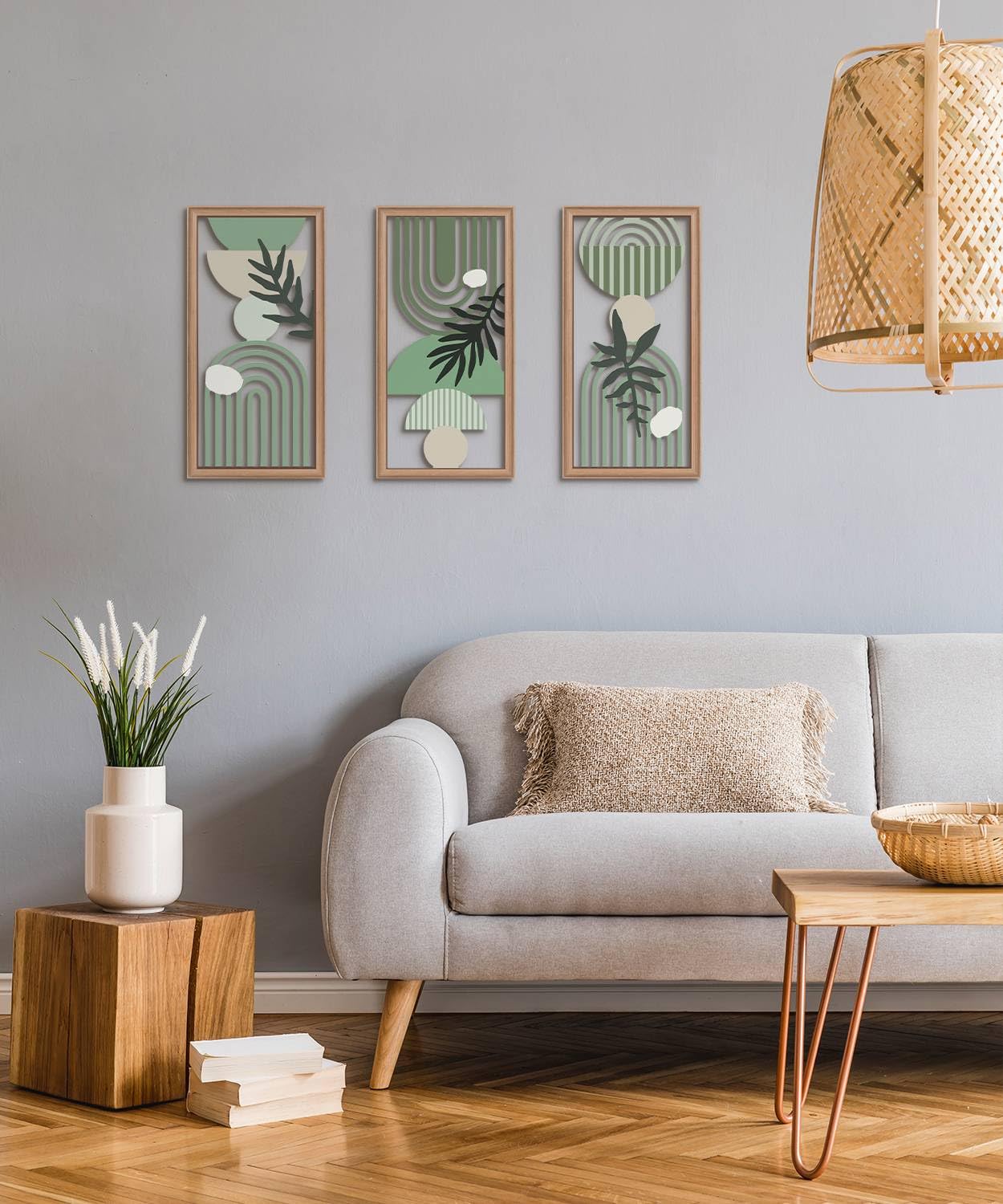 Putuo Decor Boho Wall Art Set of 3, Green Botanical Wooden Wall Decor, Abstract Aesthetic Room Decorations, Mid-Century Modern Artwork for Living Room, Bedroom, Office Green 16.5 x 8.6 inch