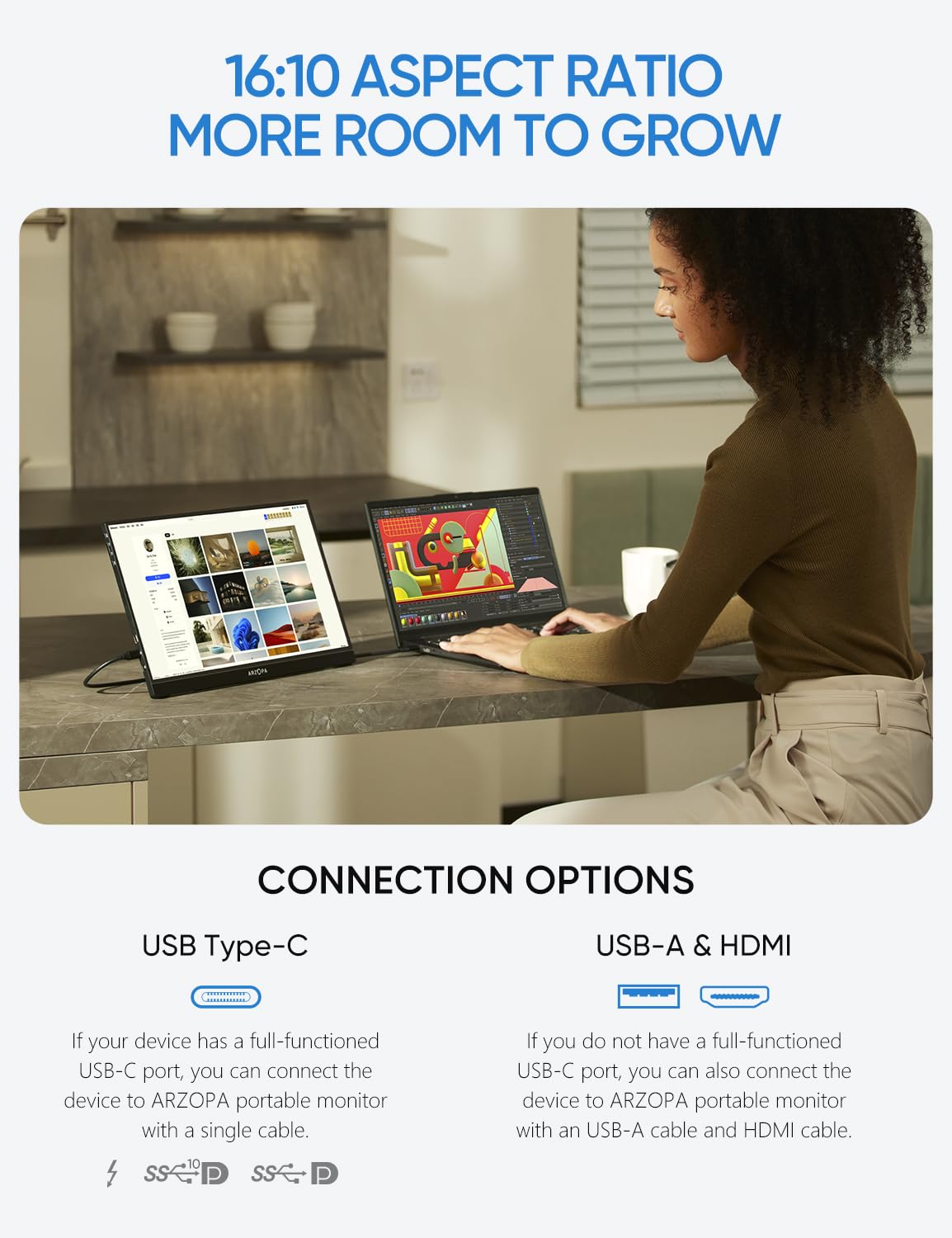 ARZOPA 2.5K Portable Monitor, 16 Inch 2560x1600 HDR 500nits 8bit QHD USB-C HDMI Laptop Monitor, 16:10 IPS Eye Care External Second Screen for Mac PC Phone PS4/5 Xbox (Z1RC)