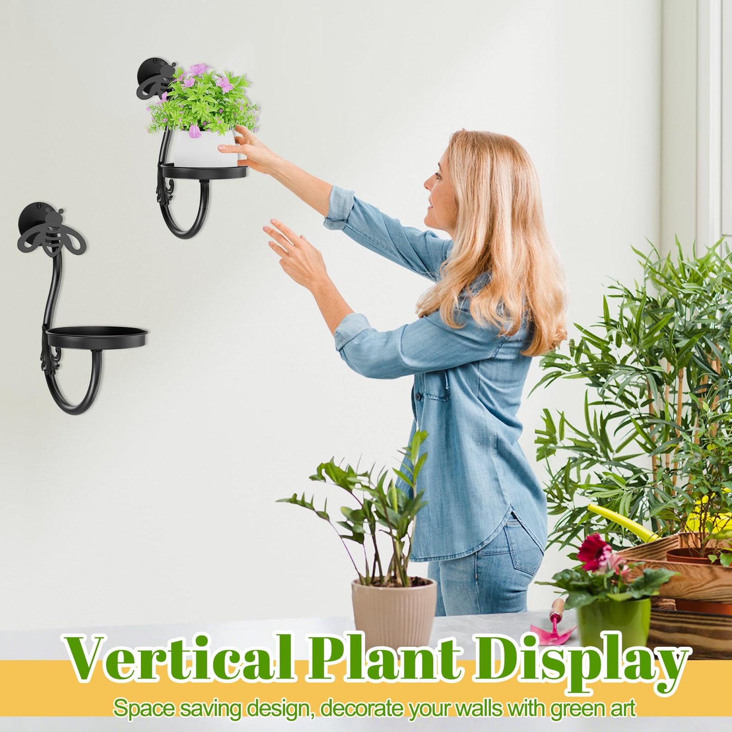 KHayRovies Wall Plant Holder Indoor, Metal Hanging Planters Hanger Floating Flower Display Stand for Window, Plant Shelves Hanging Plant Holder Window Plant Hanger Plant Decor Black (Bees-2pc)