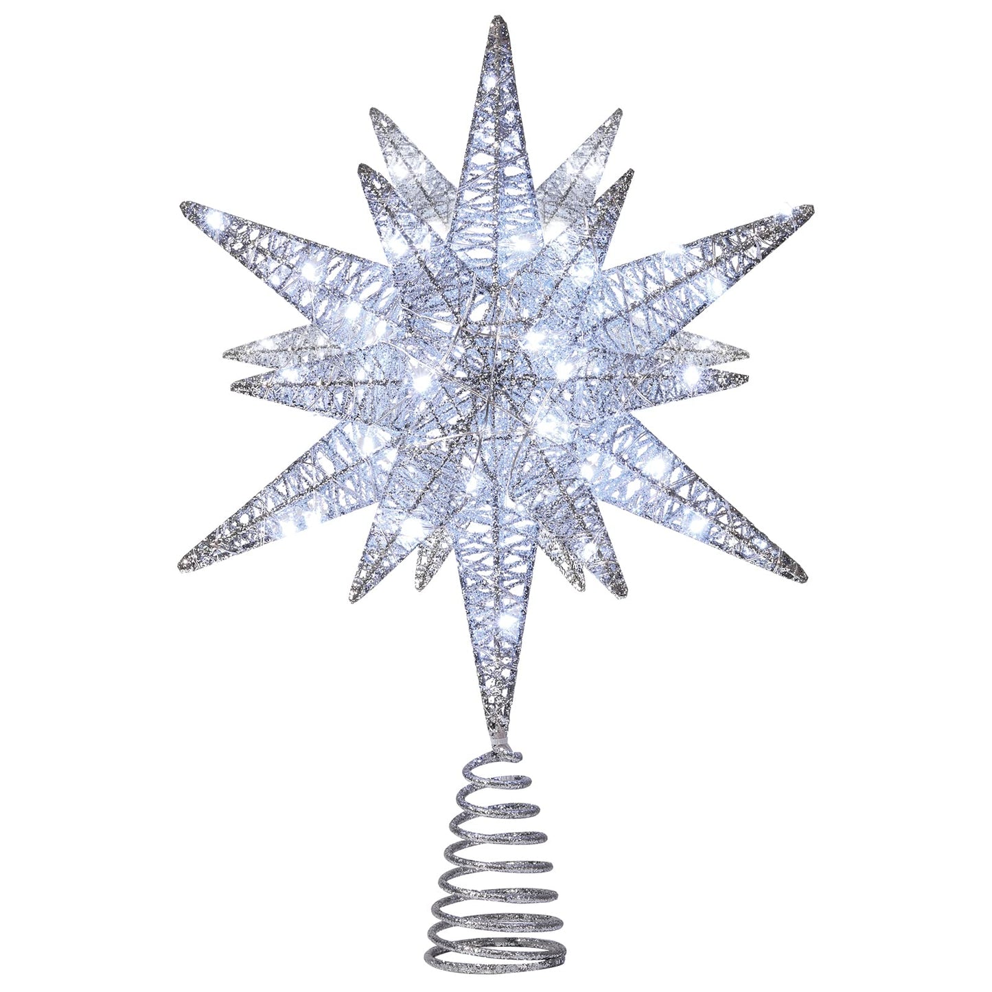 Luxspire Christmas Tree Topper, 3D Lighted Star Tree Topper with USB Plug-in & Remote Control, 9.6" Christmas Tree Star Lights for Home Holiday Decor, 6H Timer & 8 Lighting Modes, Silver